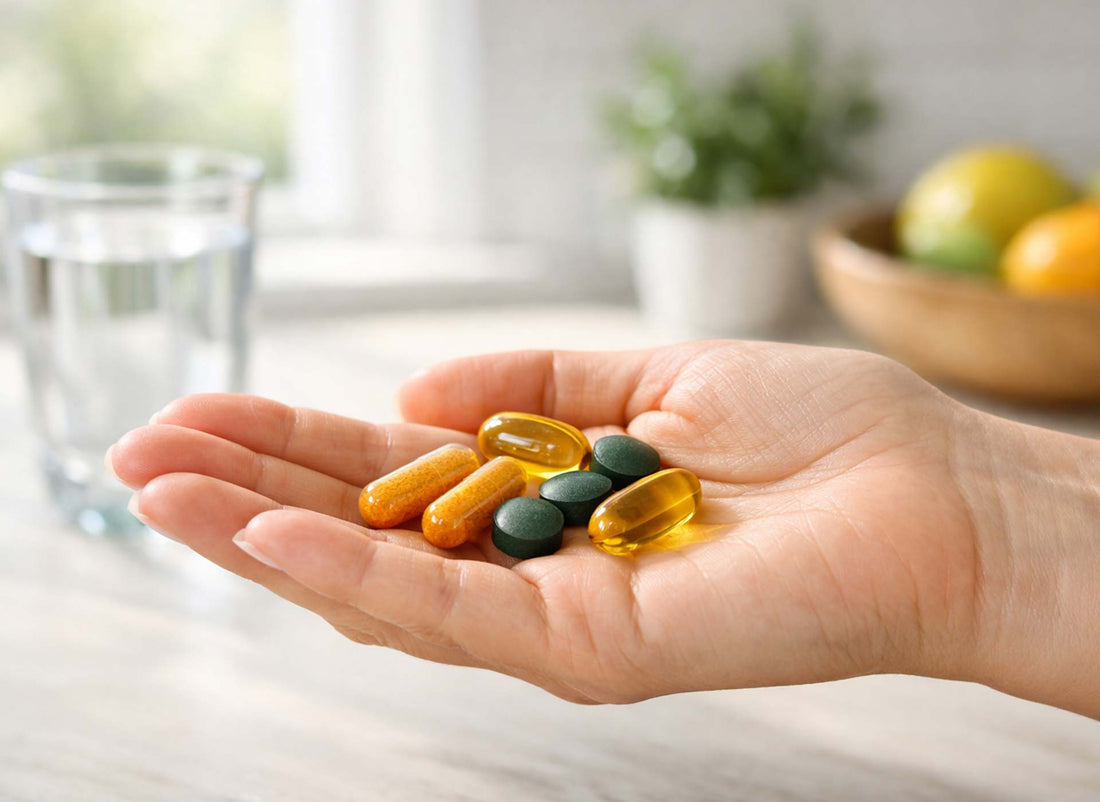 Hand mit verschiedenen Nahrungsergänzungsmittel-Kapseln und -Tabletten, im Hintergrund ein Glas Wasser und Obst