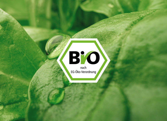 Bio-Siegel nach EG-Öko-Verordnung auf einem grünen Blatt mit Wassertropfen