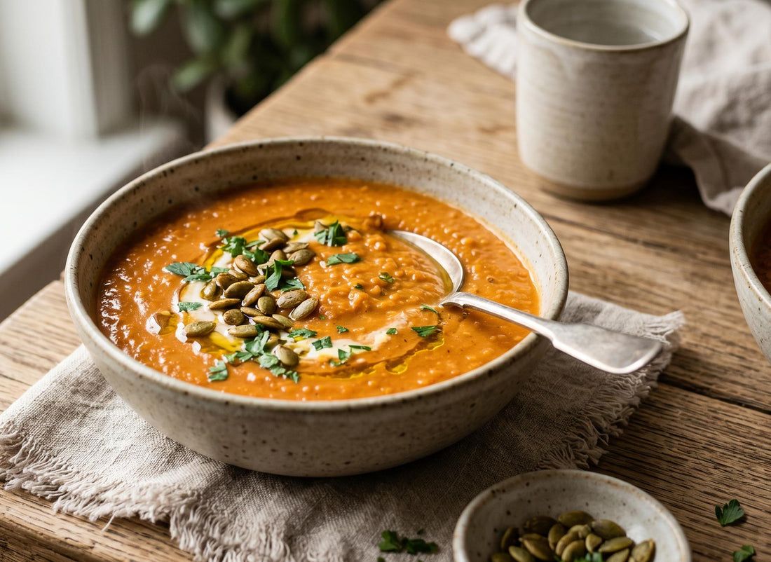 Schüssel mit orangefarbener Linsensuppe, garniert mit Kürbiskernen und Petersilie