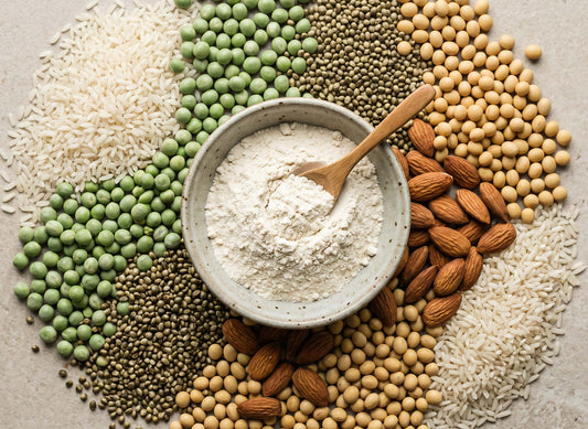 Schale mit pflanzlichem Proteinpulver, umgeben von Reis, Erbsen, Hanfsamen, Sojabohnen und Mandeln, von oben fotografiert.