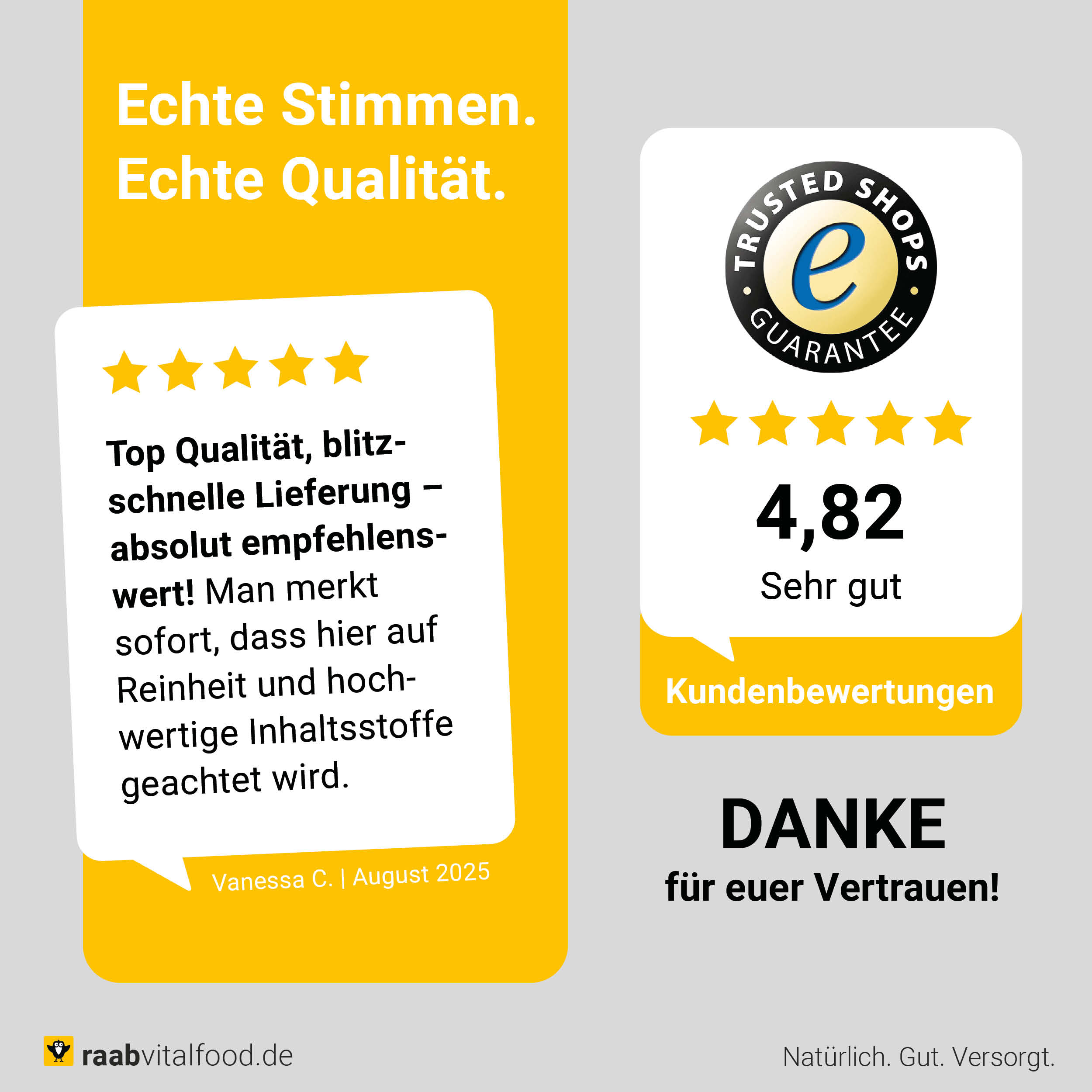 Top Kundenbewertung für Raab Vitalfood – blitzschnelle Lieferung, hohe Qualität und Reinheit, 5 von 5 Sternen. Trusted Shop Logo rechts und Danke für euer Vertrauen! Text 