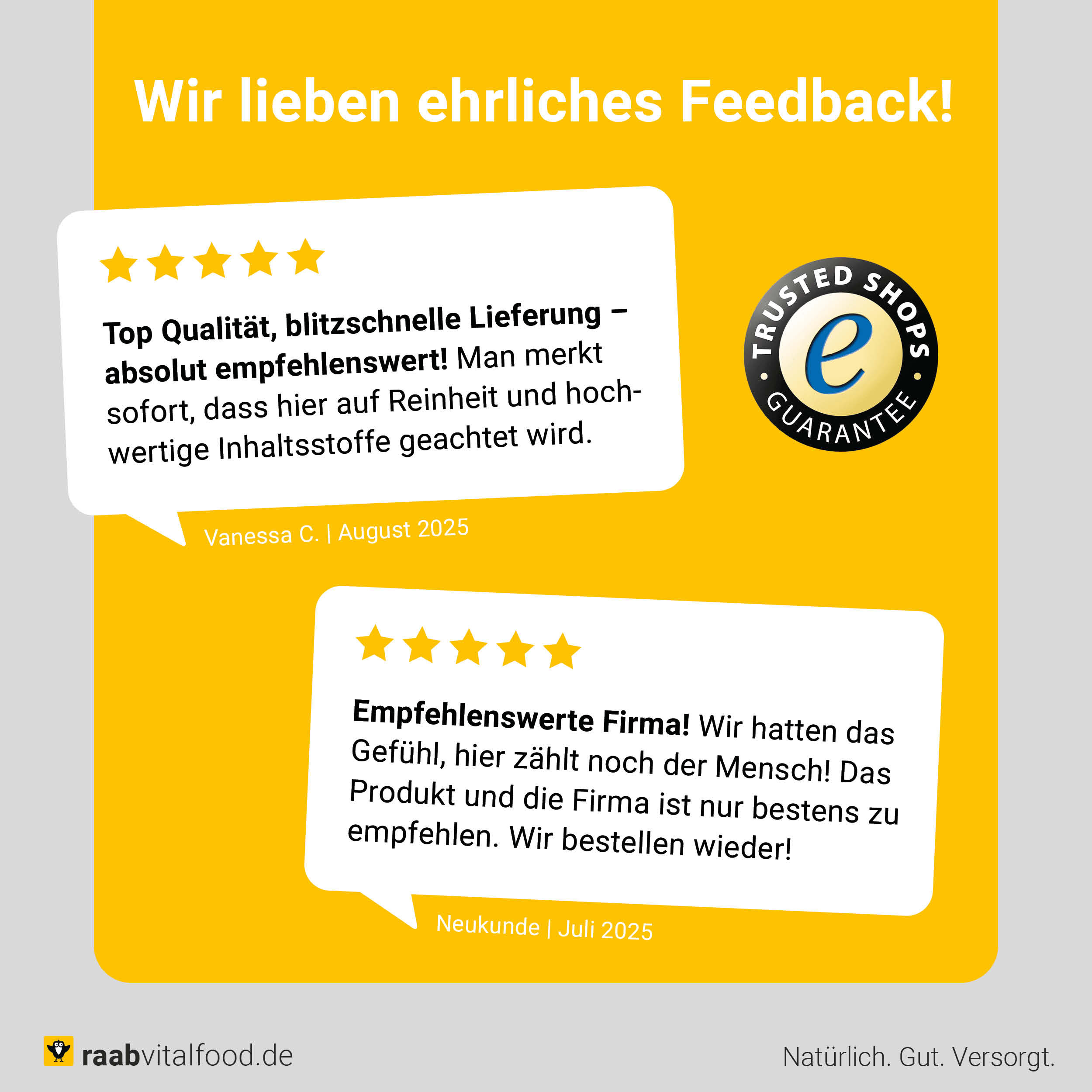 Zwei Kundenbewertungen mit fünf Sternen auf gelbem Hintergrund, Zitate zu Qualität und Service, empfehlenswerte Firma, Trusted Shops Gütesiegel rechts oben.