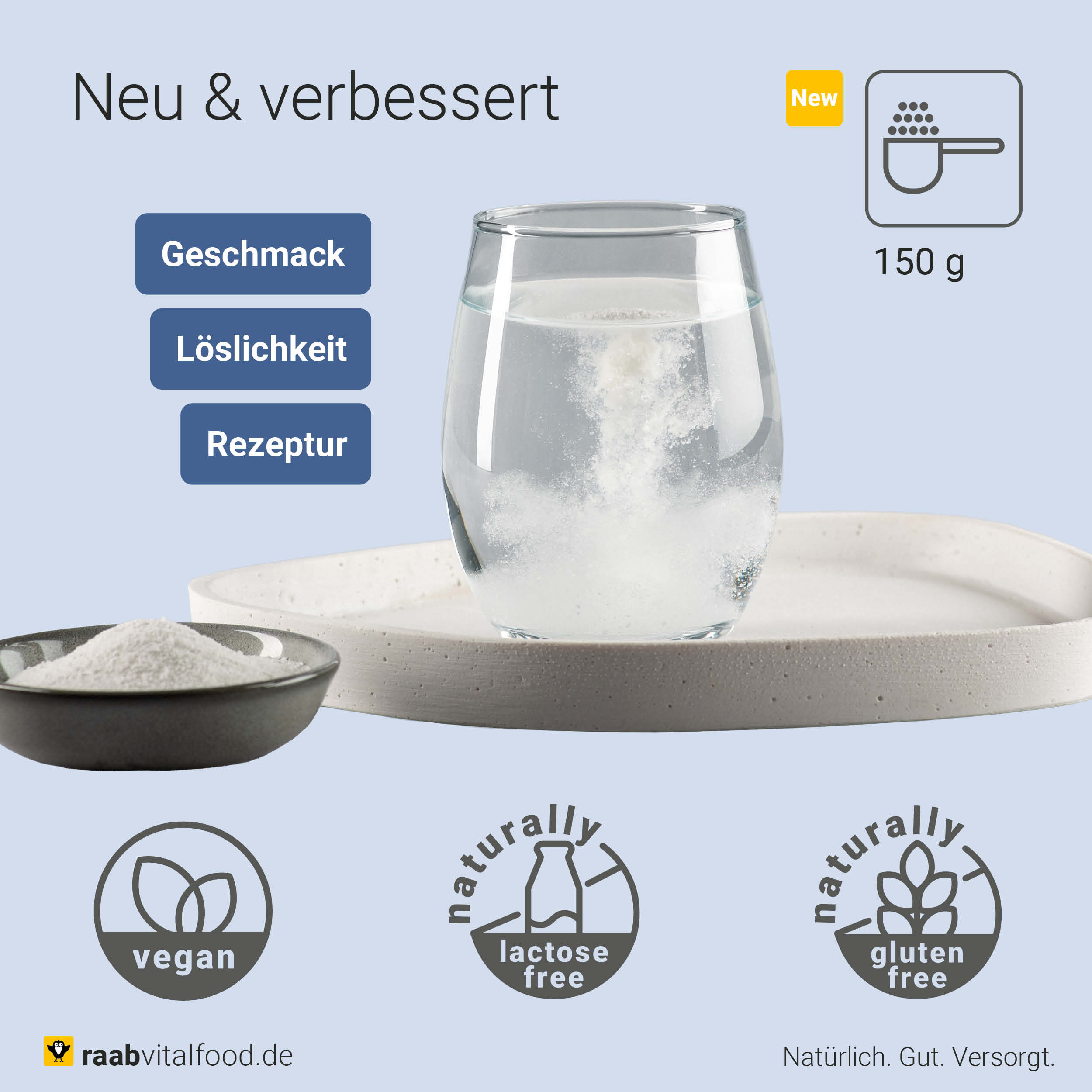 Glas mit sich auflösendem Elektrolytpulver auf Tablett, Schale mit Pulver daneben, Icons für vegan, glutenfrei, laktosefrei und Hinweis auf neue Rezeptur, Geschmack und Löslichkeit, 150 g 