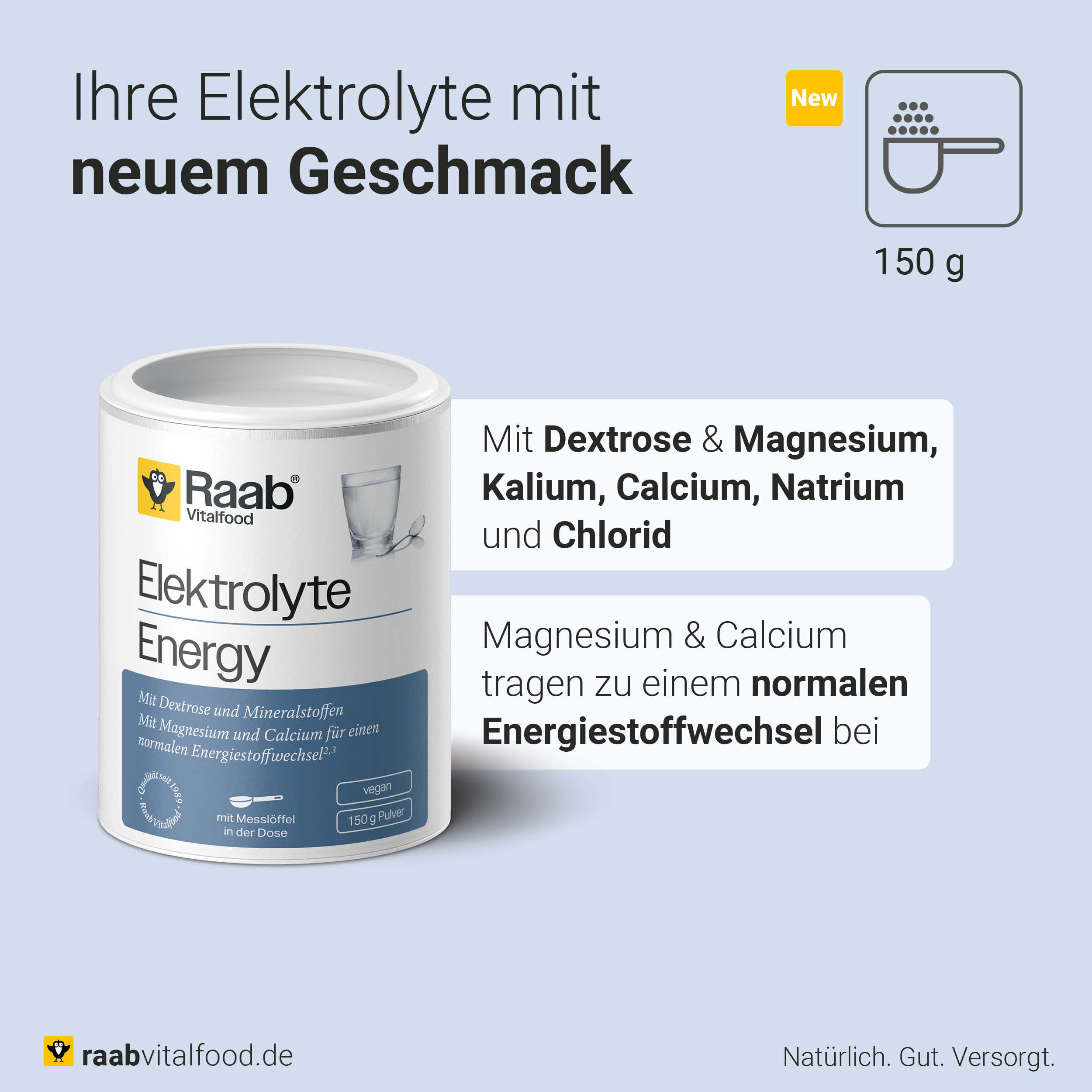Produktdose Elektrolyte Energy mit Text zu enthaltenen Mineralstoffen wie Magnesium, Calcium, Kalium, Natrium, Chlorid und Health-Claim zur Unterstützung des Energiestoffwechsels.