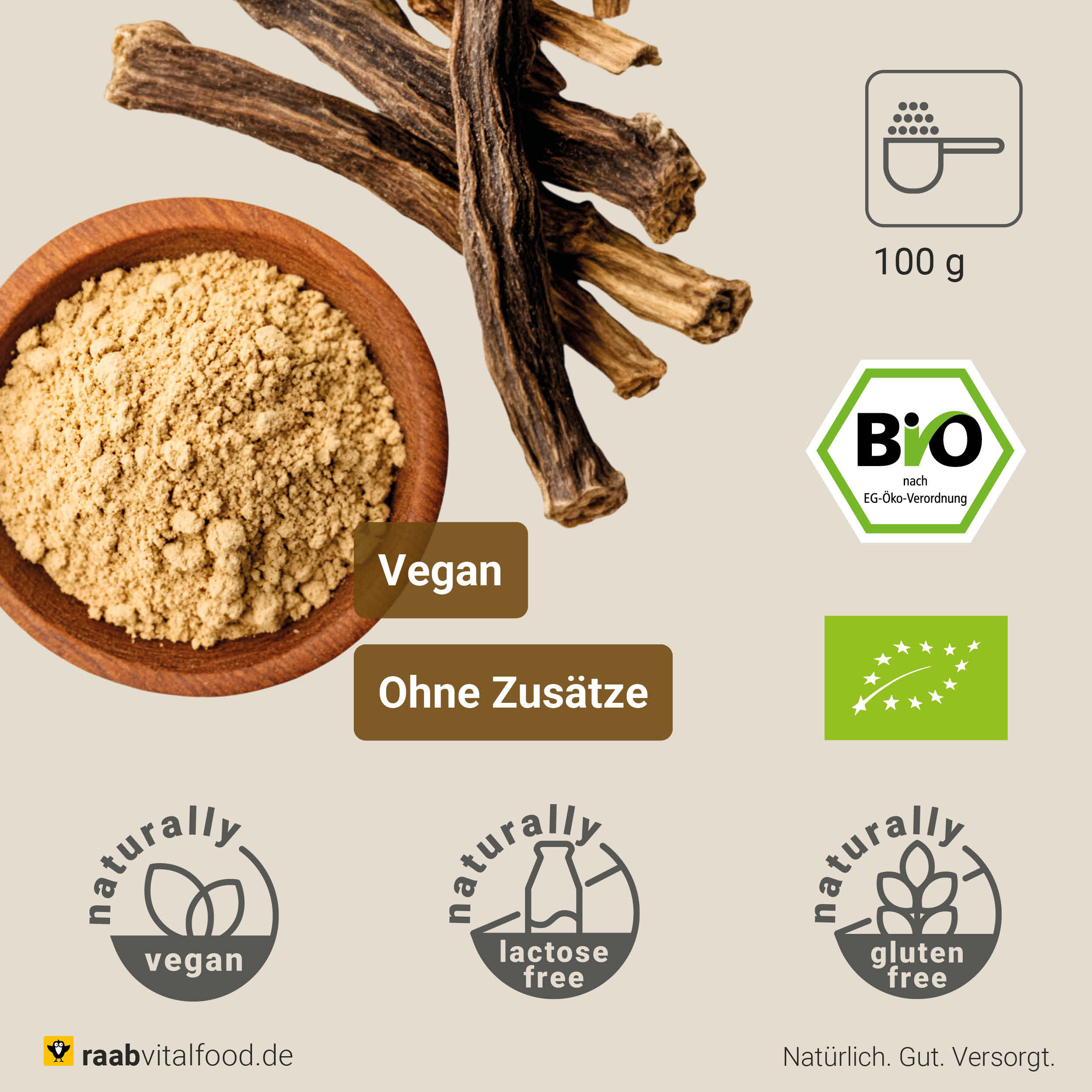 Bio Ashwagandha Pulver - Ashwagandhawurzelpulver aus kontrolliert biologischem Anbau, vegan von Raab Vitalfood