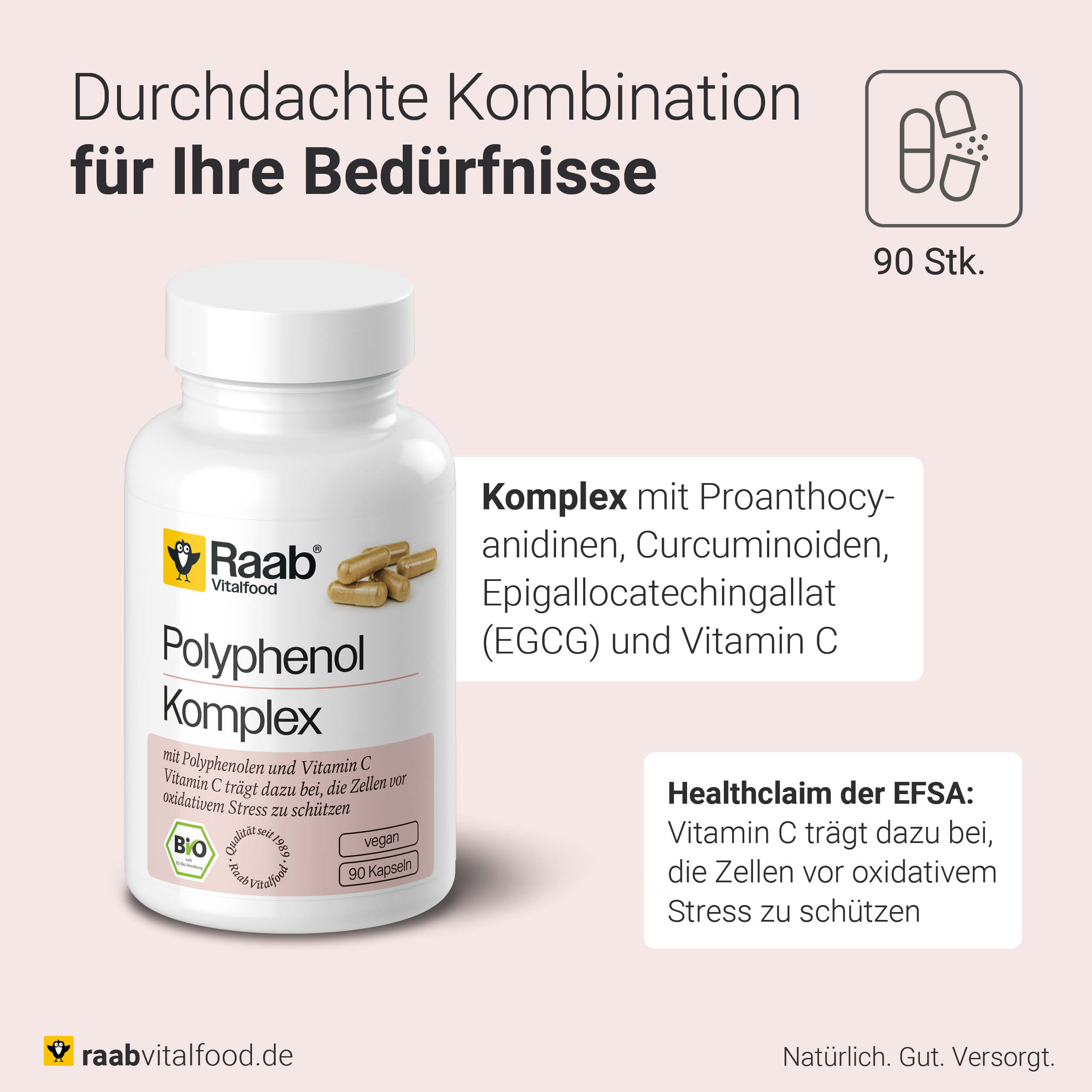 Dose Polyphenol Komplex mit 90 Kapseln und Text zu EGCG, Proanthocyanidinen, Curcuminoiden und Vitamin C, mit Hinweis auf Zellschutz durch Vitamin C.