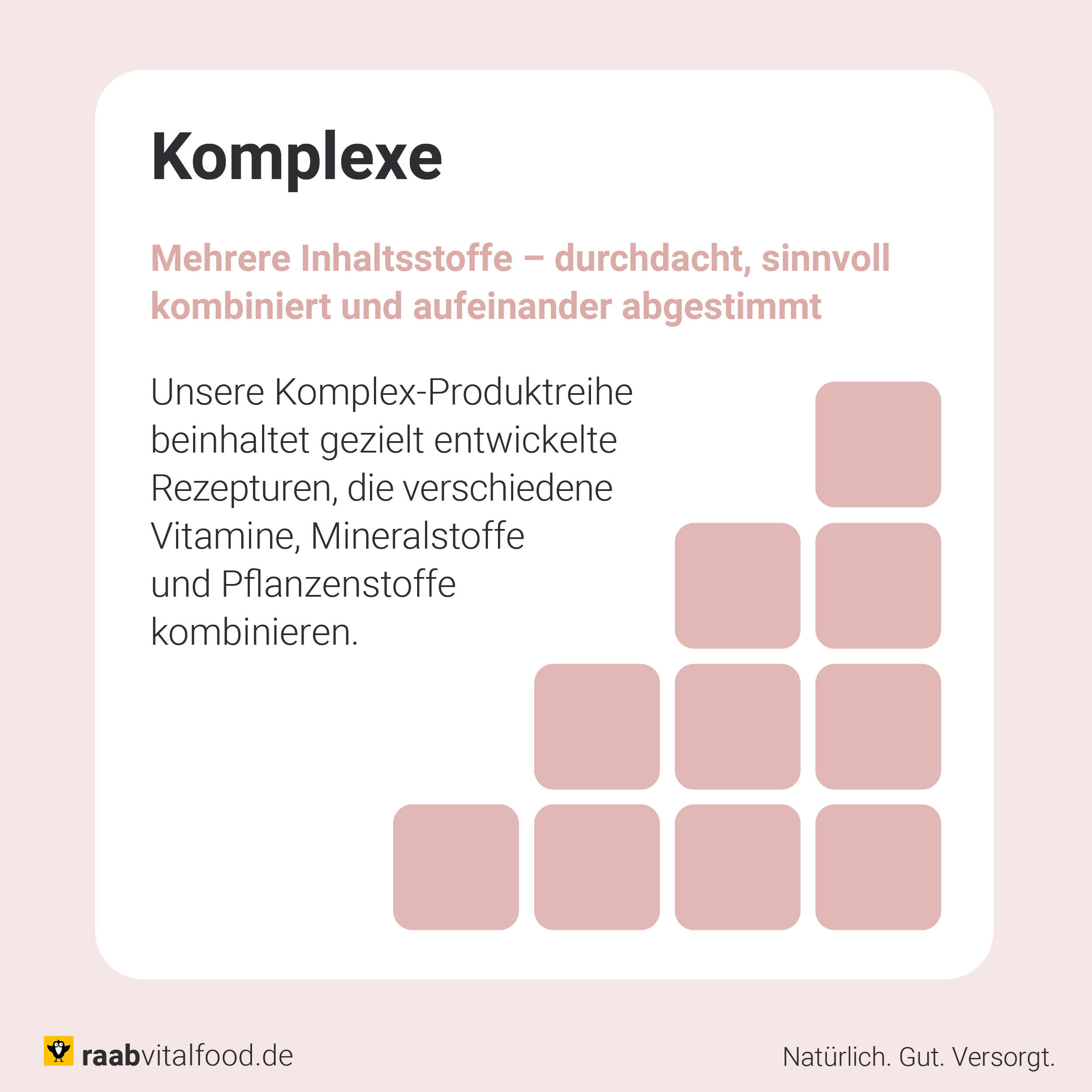 Grafik mit Informationen zur Komplex-Produktlinie von Raab Vitalfood, die gezielt Vitamine, Mineralstoffe und Pflanzenstoffe kombiniert.