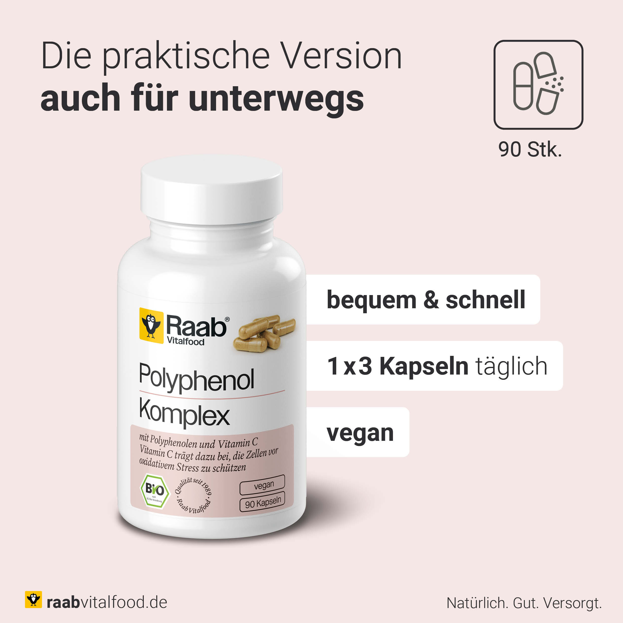 Raab Vitalfood Polyphenol Komplex mit 90 Bio-Kapseln, vegan, für unterwegs geeignet, Einnahmeempfehlung 1x3 Kapseln täglich.