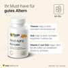 Produktabbildung mit Text zu zugelassenen Health Claims: Thiamin für normale Herzfunktion, Zink für kognitive Funktion, Vitamin C und Zink zum Schutz vor oxidativem Stress. Good Aging ist das Must-have für gutes Altern