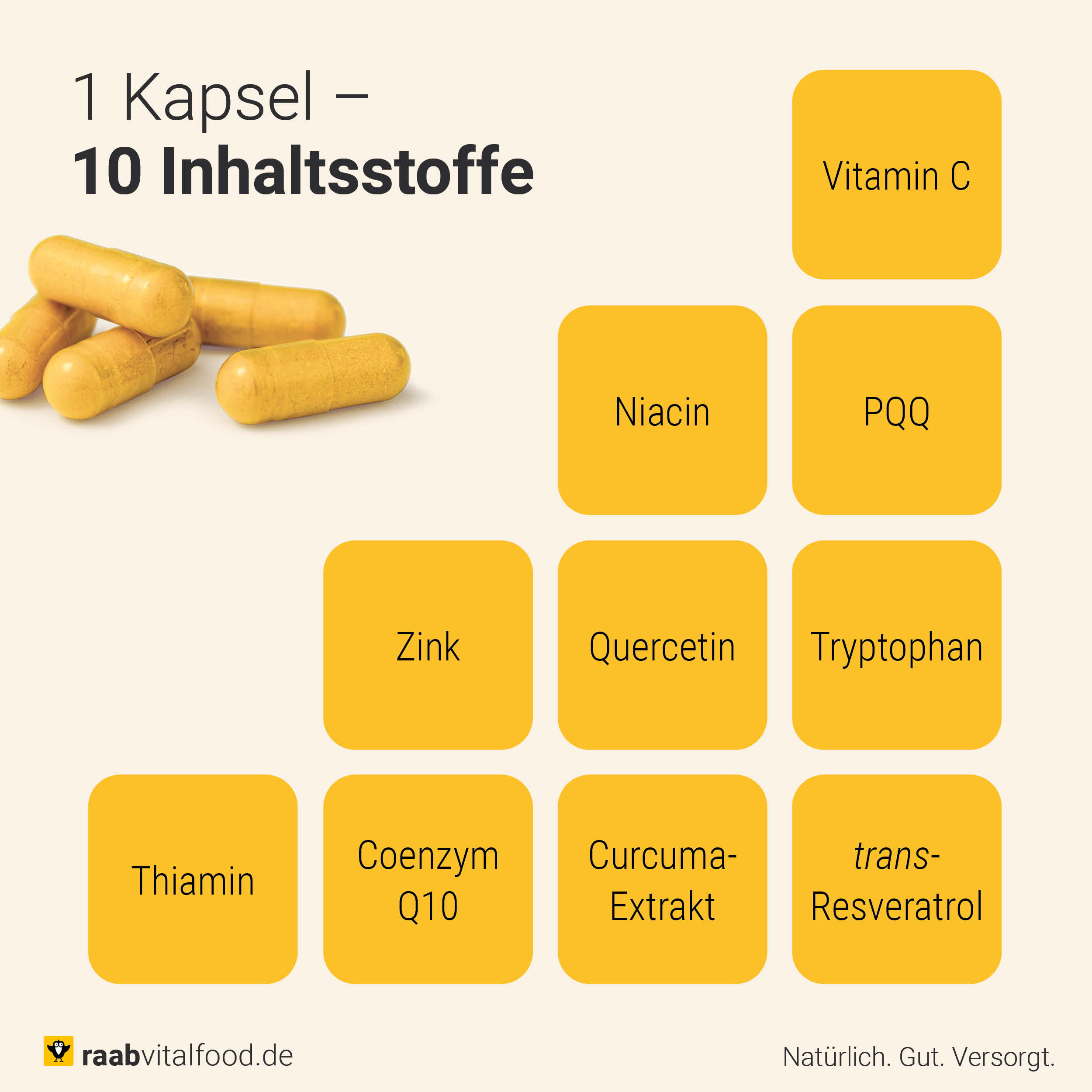 Grafik mit gelben Kapseln und 10 hervorgehobenen Inhaltsstoffen wie Vitamin C, Niacin, Thiamin, Zink, PQQ, Quercetin, Tryptophan und Coenzym Q10.