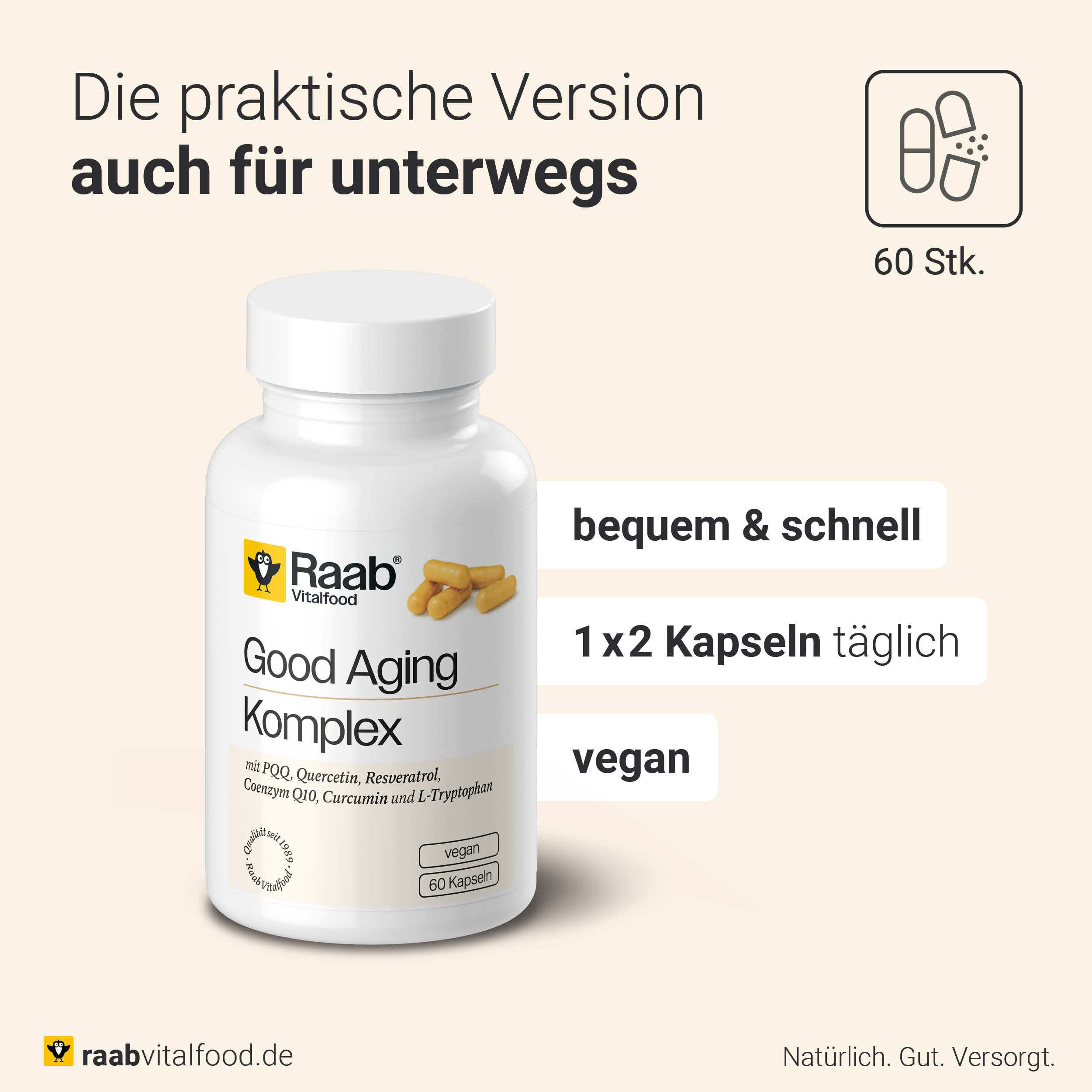 Dose Good Aging Komplex mit 60 veganen Kapseln, Text zur täglichen Einnahme von 1x2 Kapseln, geeignet für unterwegs