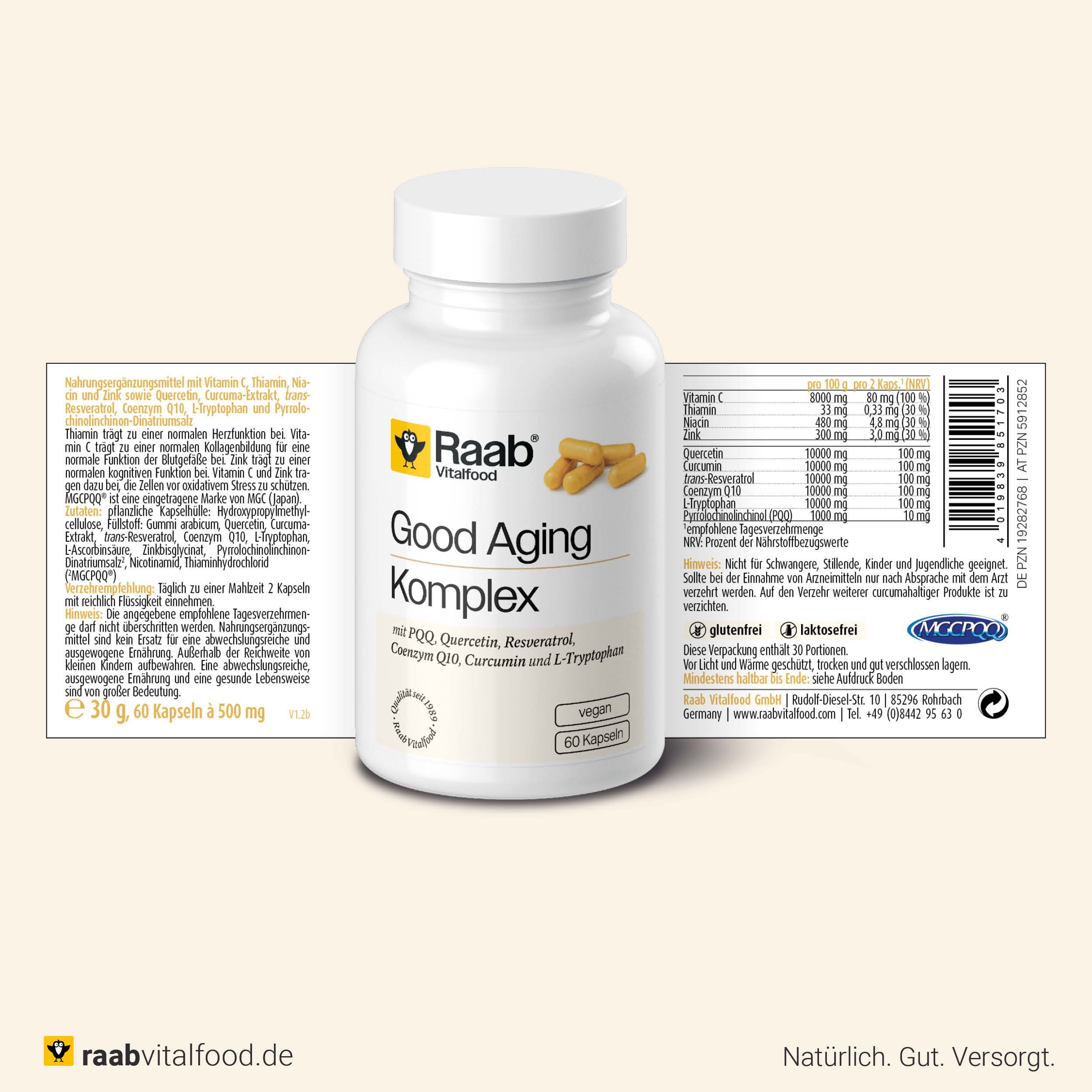 Vorder- und Rückseite der Verpackung Raab Vitalfood Good Aging Komplex mit Zutatenliste, Nährwerttabelle und Produktdetails zu 60 veganen Kapseln.