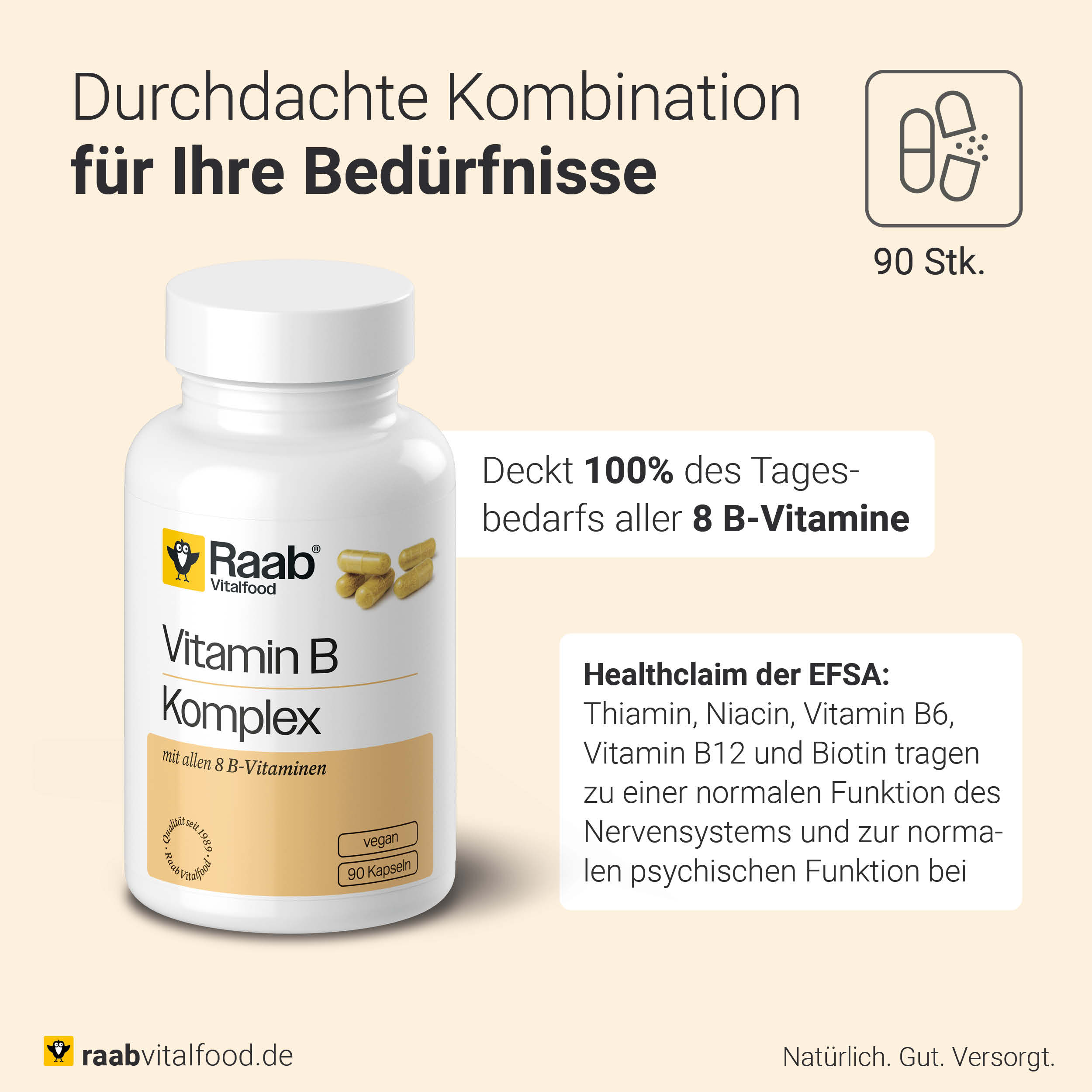 Dose Vitamin B Komplex mit Hinweis auf 100 % Tagesbedarf aller 8 B-Vitamine, EFSA-Health Claim zur einer normalen Funktion des Nervensystems und zur normalen psychischen Funktion.
