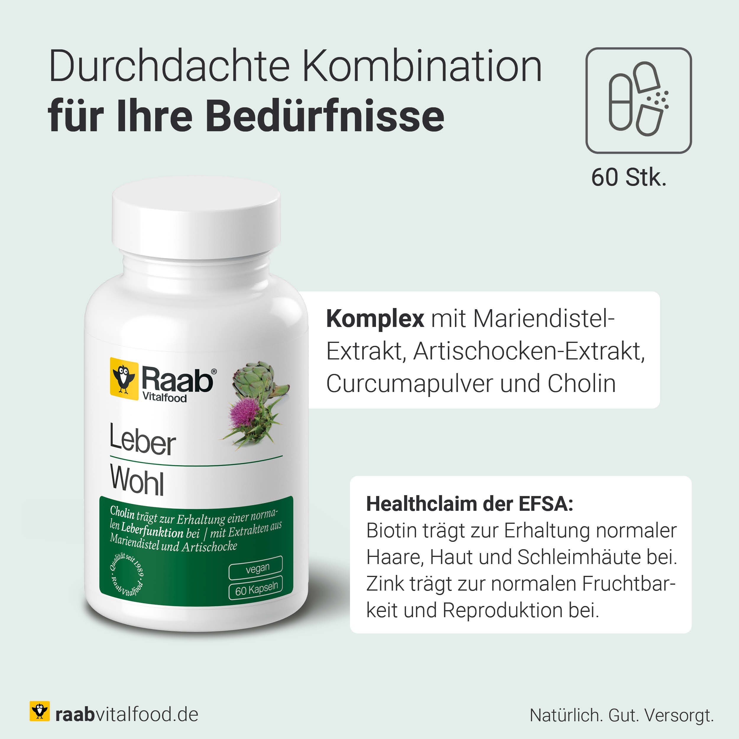 Produktdose Raab Vitalfood Leber Wohl vor hellgrünem Hintergrund, Text zur Kombination von Mariendistel-, Artischocken- und Curcuma-Extrakt sowie Cholin. Health Claims: Biotin trägt zur Erhaltung normaler Haare, Haut und Schleimhäute bei. Zink trägt zur normalen Fruchtbarkeit und Reproduktion bei.
