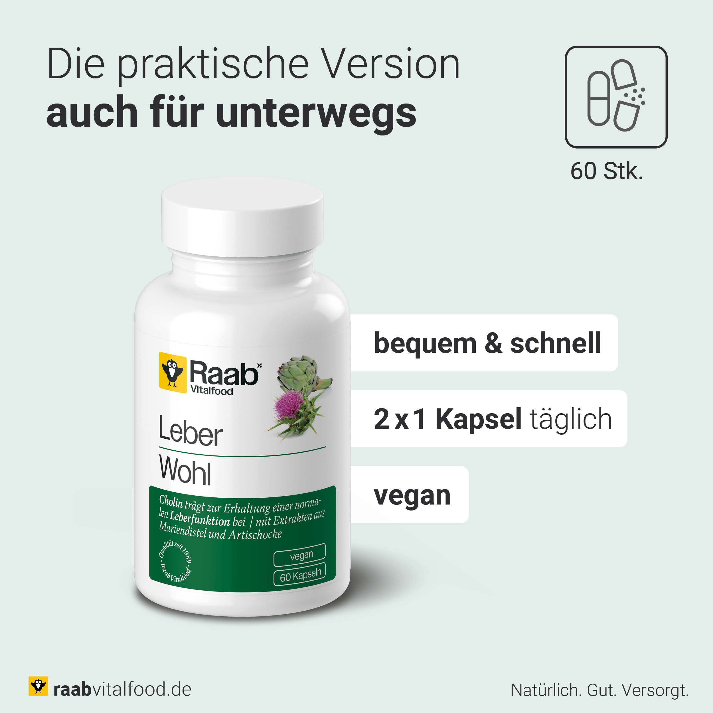 Produktdose Leber Wohl mit Text zur praktischen Einnahme: 2 x 1 Kapsel täglich. Icons für vegan, schnell und bequem. Verpackungsangabe: 60 Stück.