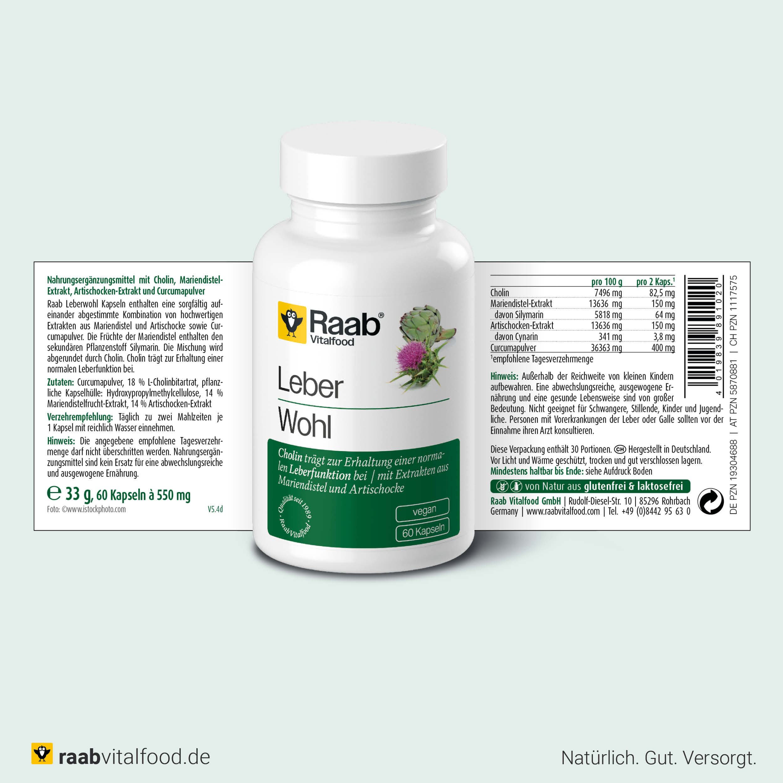 Dose Raab Vitalfood Leber Wohl mit vollständig lesbarer Rückseite: Nährwerte, Zutatenliste und Einnahmeempfehlung. Mit Health Claim: Cholin trägt zur Erhaltung einer normalen Leberfunktion bei.