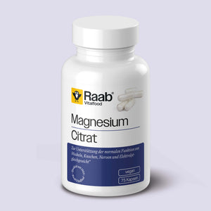Dose Raab Vitalfood Magnesium Citrat mit 75 veganen Kapseln, Nahrungsergänzung zur Unterstützung der normalen Funktion von Muskeln, Knochen, Nerven und Elektrolythaushalt.