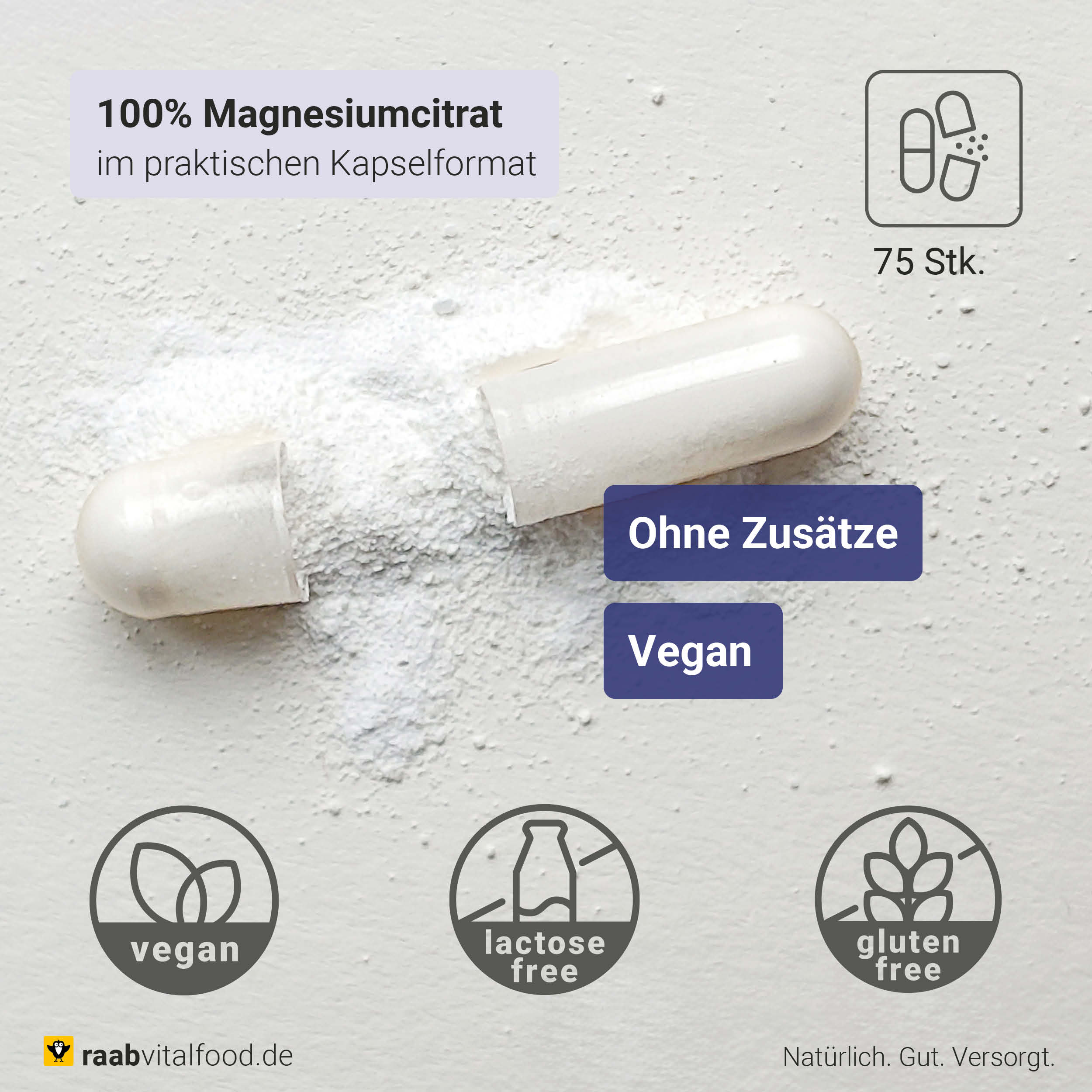 Geöffnete HPMC-Kapsel mit weißem Magnesiumcitrat-Pulver auf grauer Fläche, ergänzt um Icons für vegan, glutenfrei und laktosefrei sowie Text ohne Zusätze und vegan