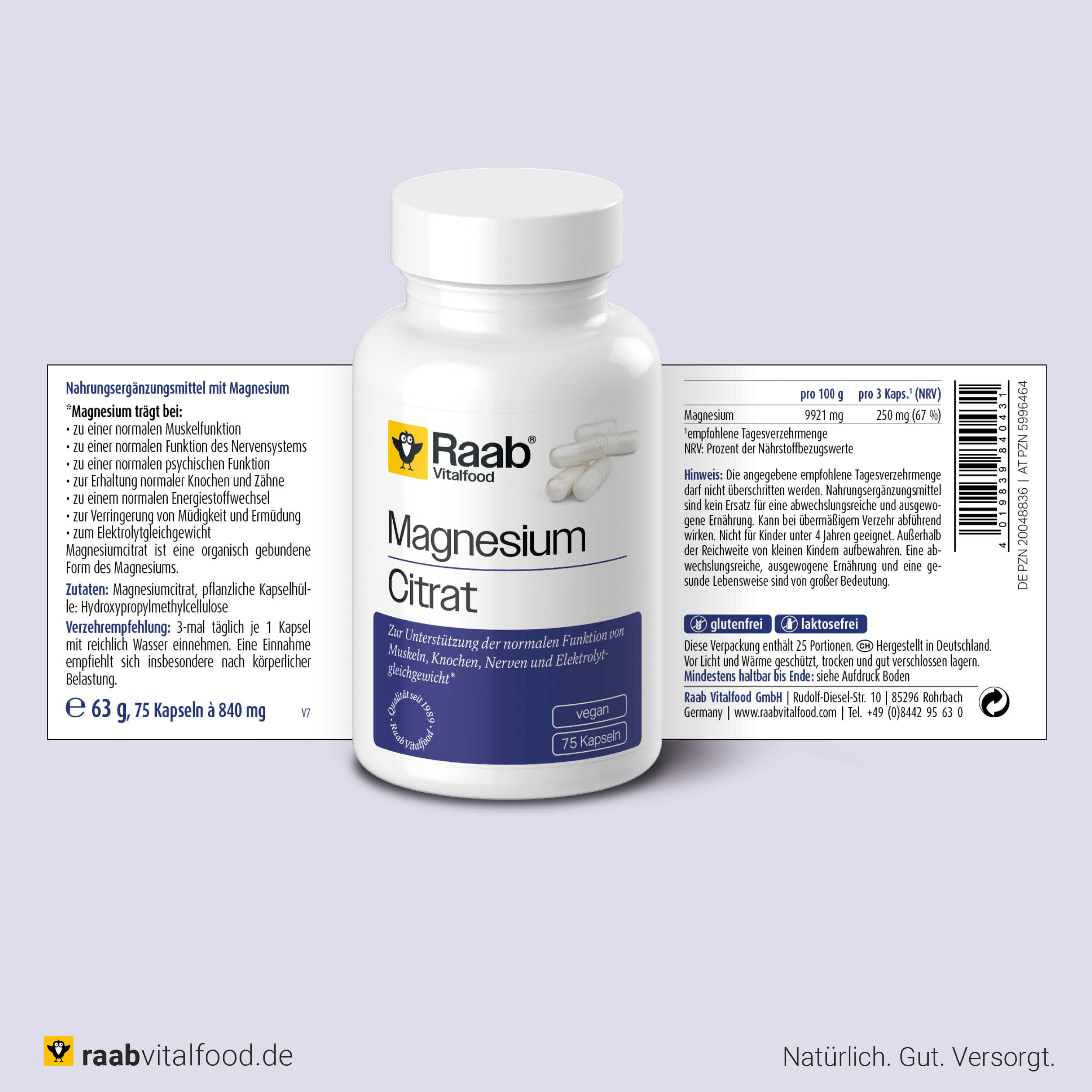 Vorder- und Rückseite der Raab Vitalfood Magnesium Citrat Dose mit 75 Kapseln, inklusive Nährwertangaben, Zutatenliste, Health-Claims und Einnahmeempfehlung.