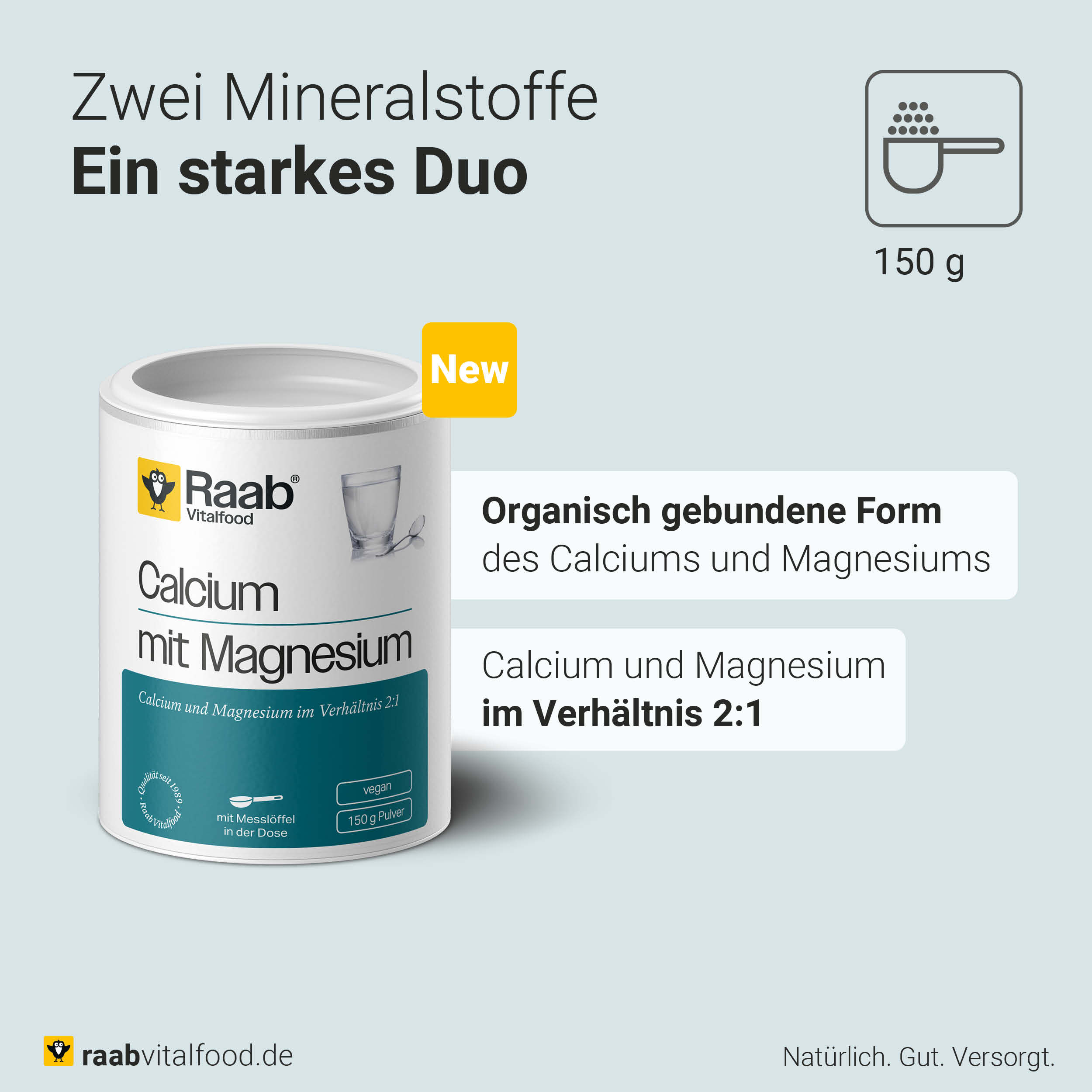 Raab Vitalfood Calcium mit Magnesium in organisch gebundener Form, Citrate im Verhältnis 2:1, veganes Pulver, 150 g Dose.