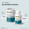 Raab Vitalfood Calcium mit Magnesium in zwei Varianten: 150 g Pulver und 75 vegane Kapseln, beide im Verhältnis 2:1.