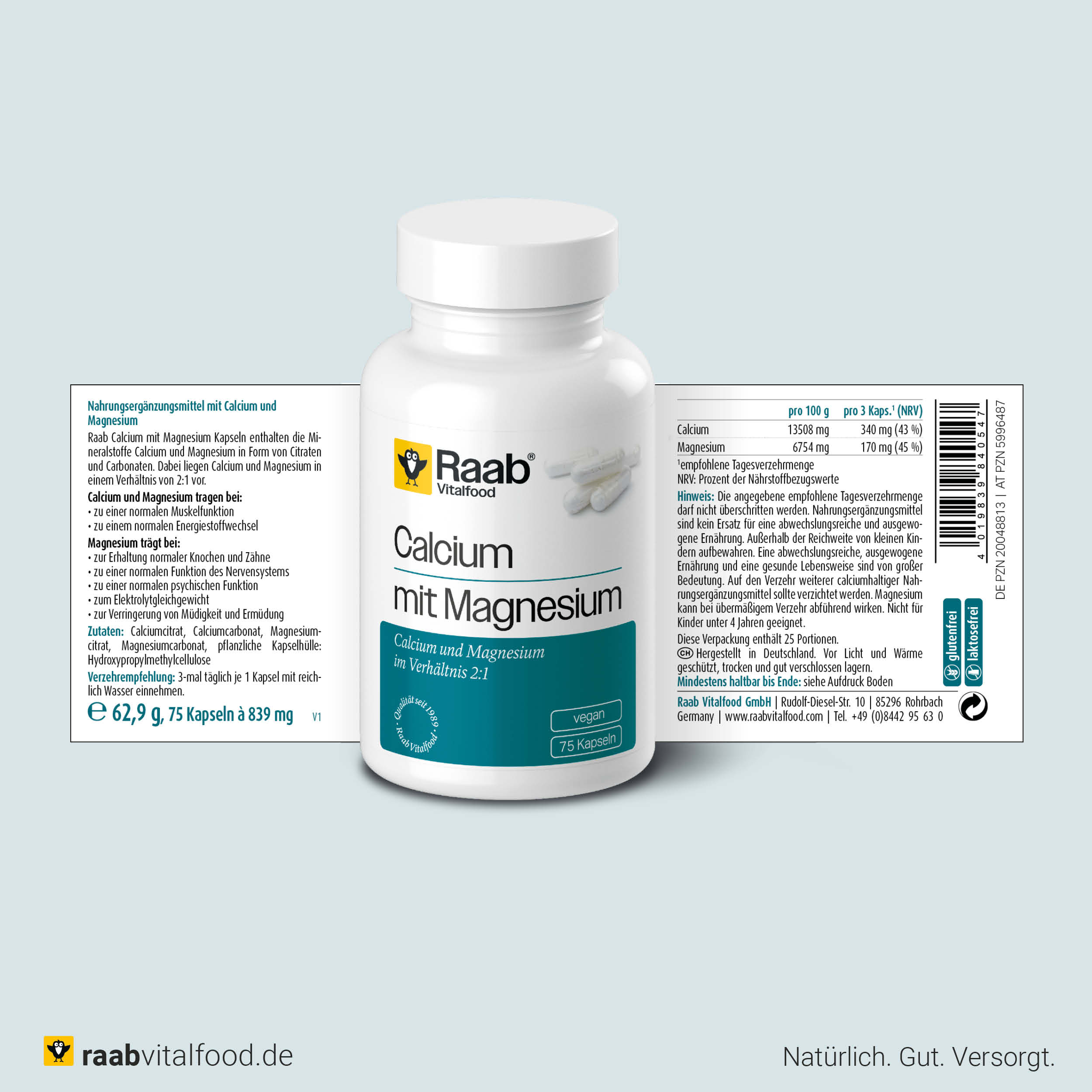 Vorder- und Rückseite der Verpackung von Raab Vitalfood Calcium mit Magnesium, mit Inhaltsstoffen, Anwendungshinweisen und Nährwertangaben, 75 HPMC-Kapseln.