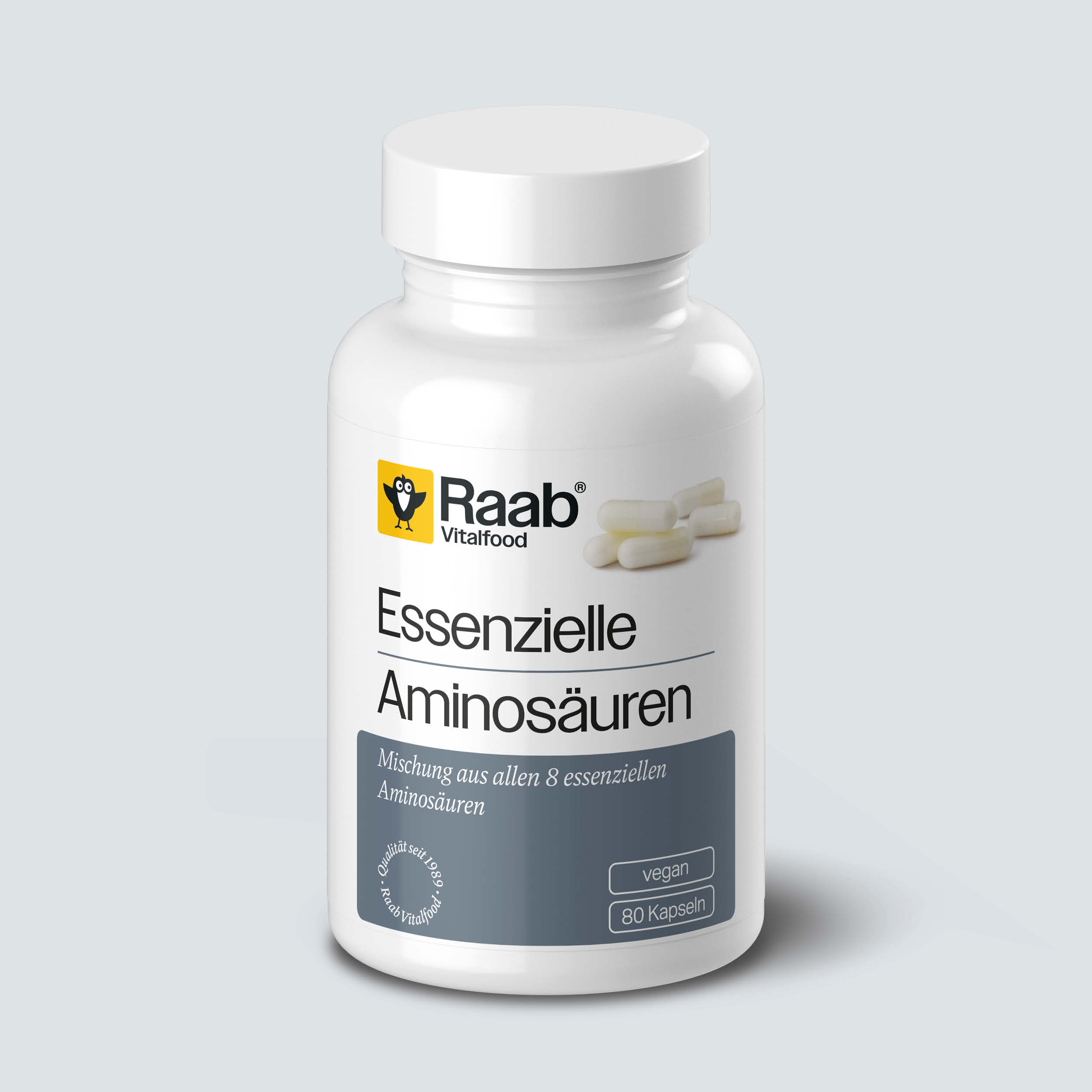 Raab Essenzielle Aminosäuren Kapseln 80 Stück - Alle 8 essenziellen Aminosäuren mit BCAAs (Leucin, Isoleucin, Valin), vegan