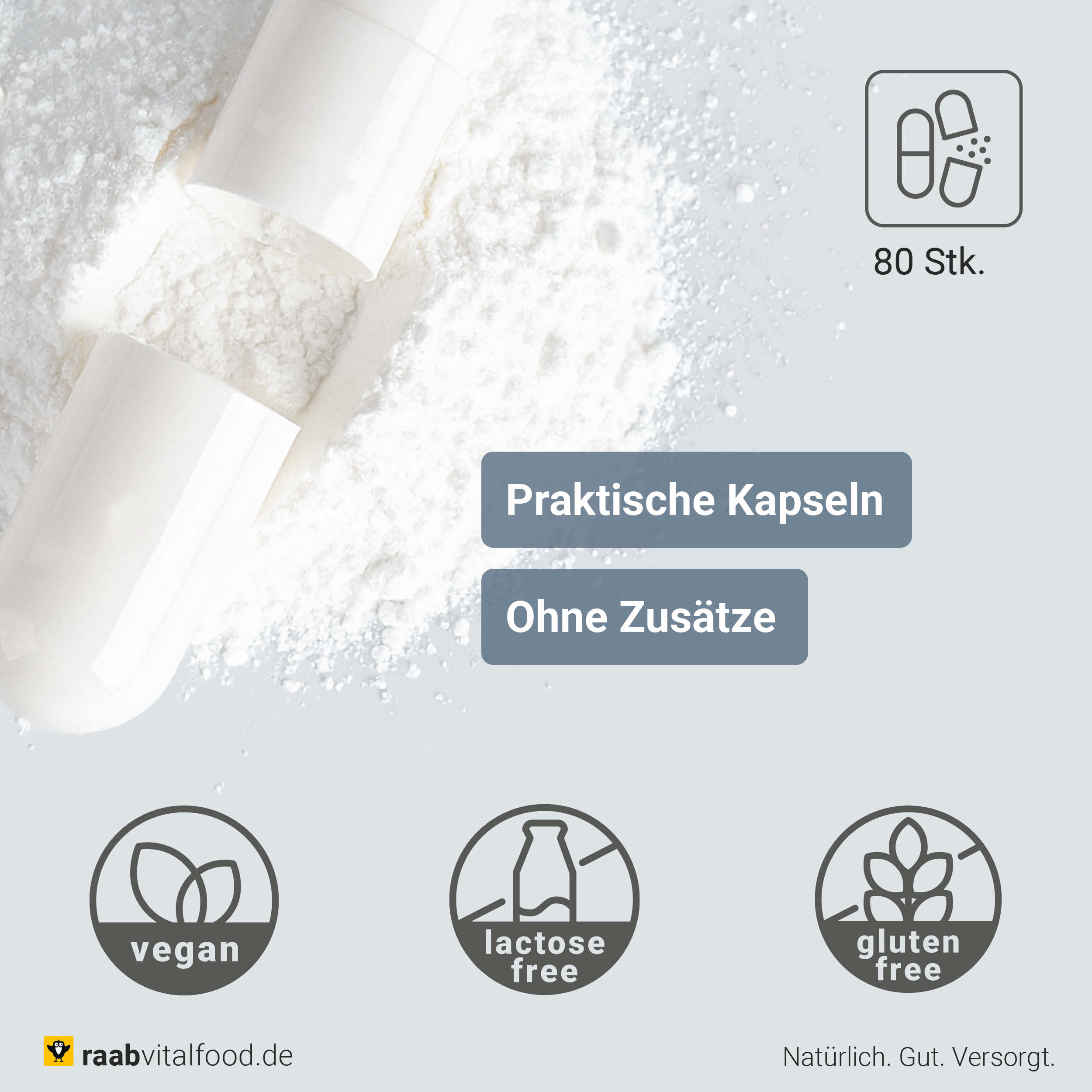 Essenzielle Aminosäuren Kapseln Produkteigenschaften - Vegan, glutenfrei, laktosefrei, hergestellt in Deutschland, IFS-zertifiziert