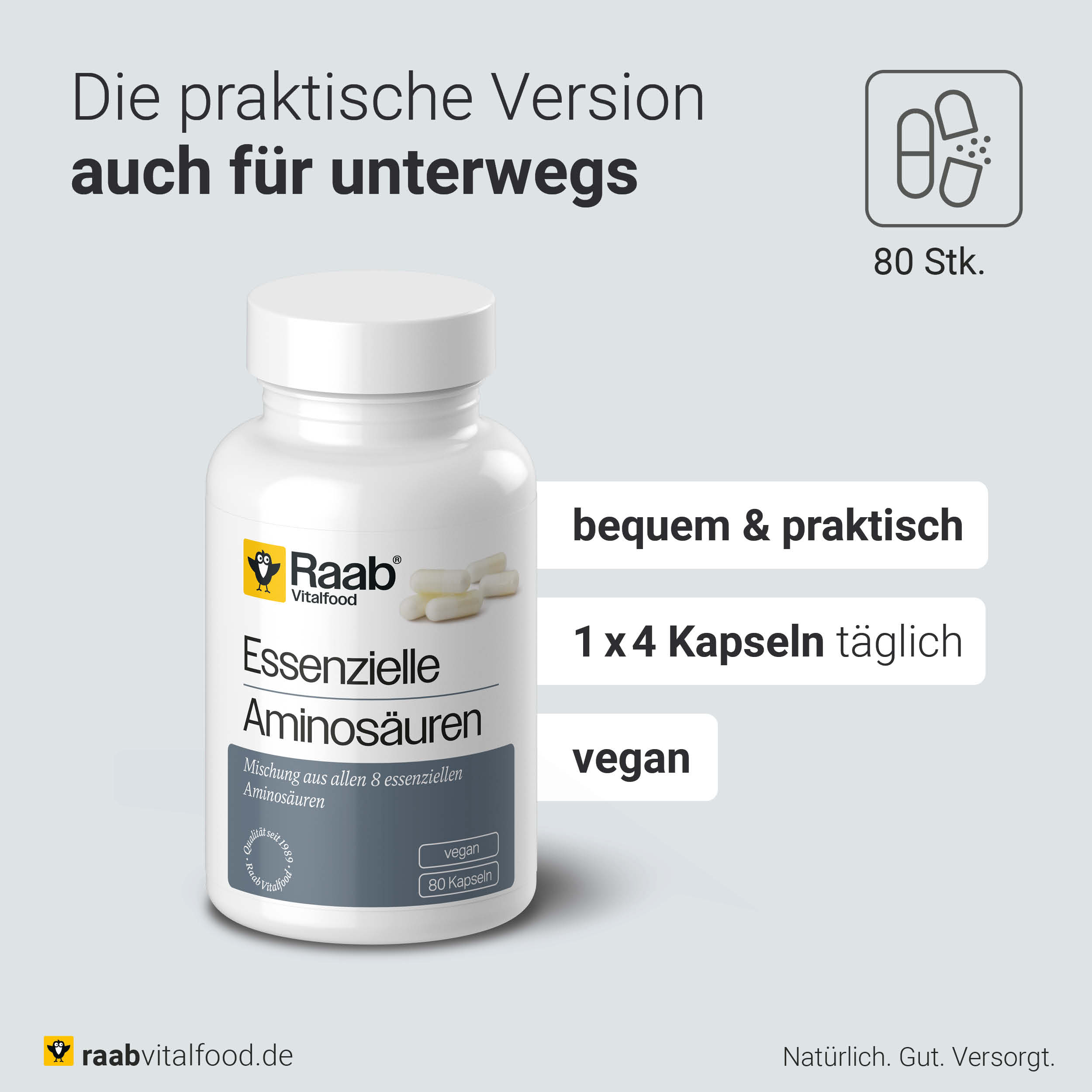 Essenzielle Aminosäuren Kapseln Einnahmeempfehlung - 4 Kapseln mit ausreichend Flüssigkeit, 80 Kapseln

