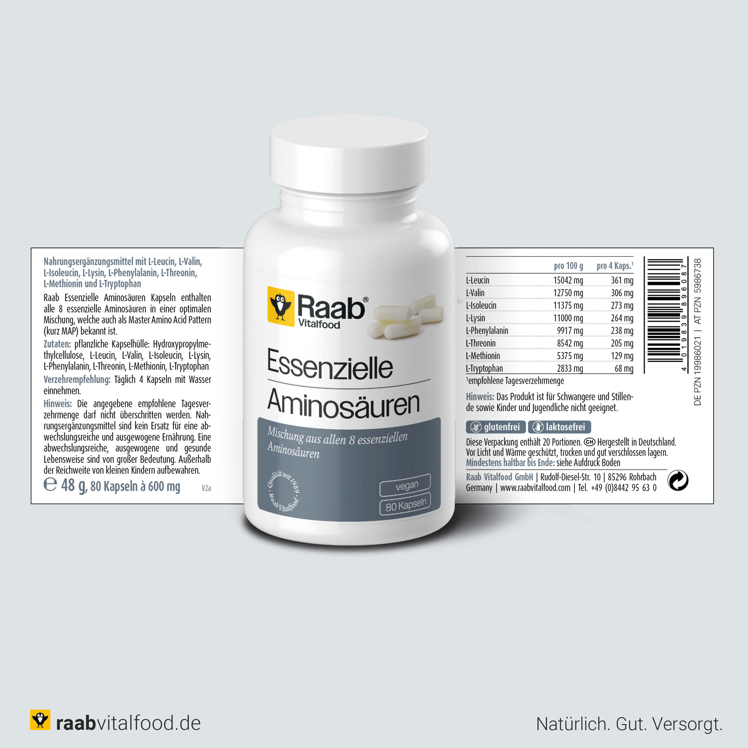 Vorder- und Rückseite der Verpackung Raab Essenzielle Aminosäuren Kapseln mit Zutatenliste, Nährwerten und Einnahmeempfehlung, 80 vegane Kapseln