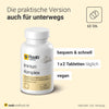 Immun Komplex von Raab Vitalfood mit 60 Tabletten, Hinweise zur Einnahme 1x2 täglich, vegan, praktisch für unterwegs, mit Tabletten-Symbol.