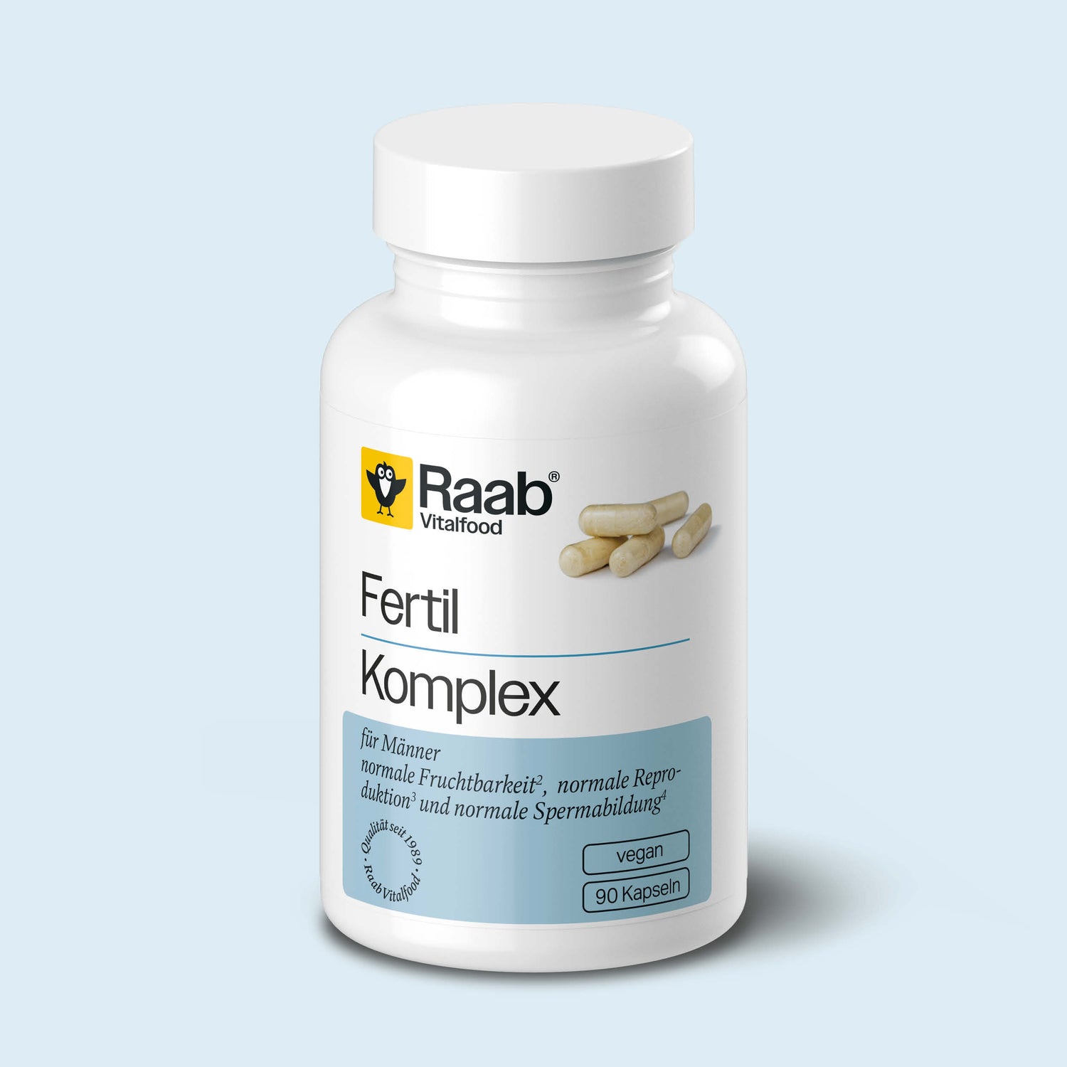 Dose Raab Vitalfood Fertil Komplex mit 90 veganen Kapseln, speziell für Männer, enthält Zink, Selen, Maca und L-Arginin.