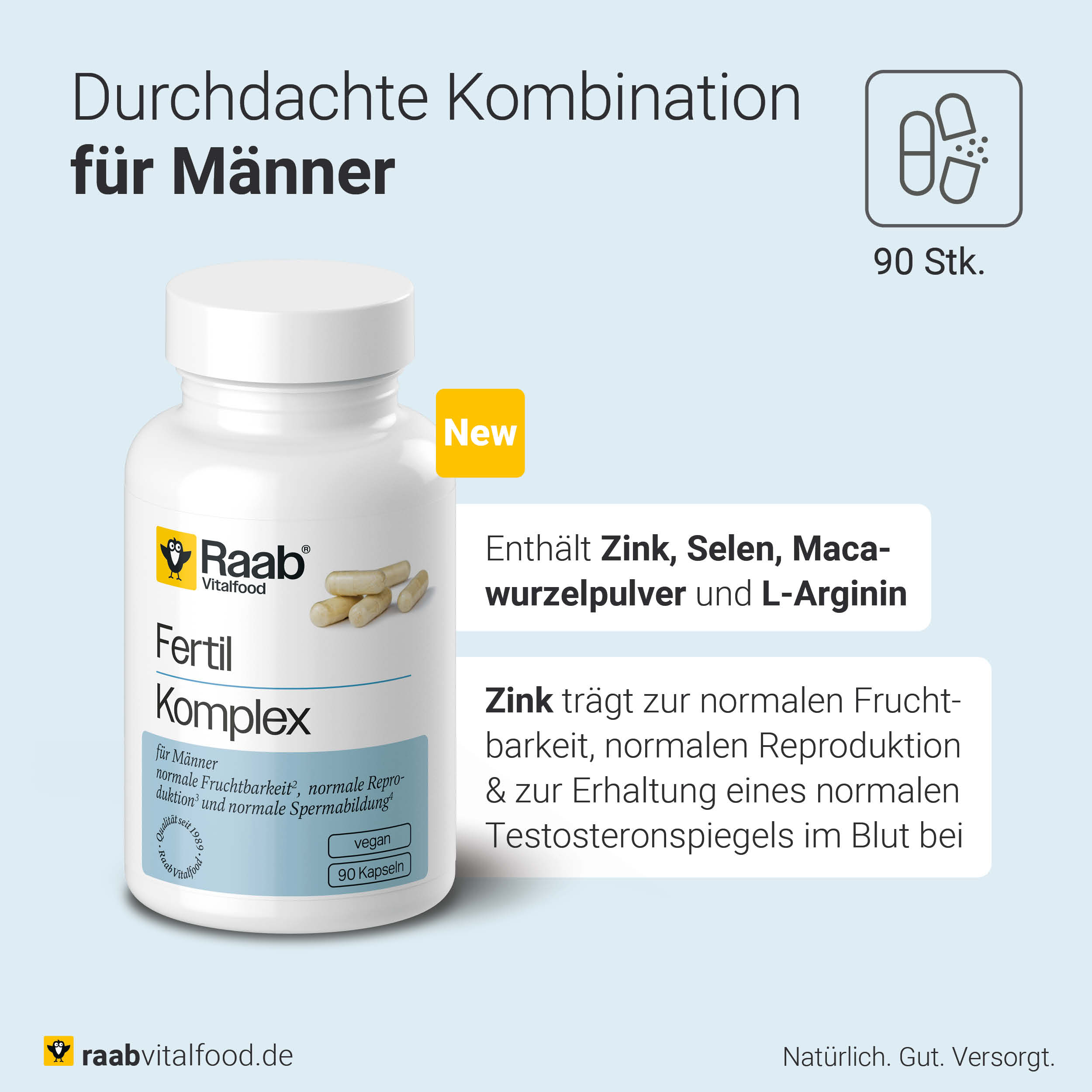 Durchdachte Kombinationen für normale Fruchtbarkeit und Testosteronspiegel. Zink trägt zur normalen Fruchtbarkeit, normalen Reproduktion & zur Erhaltung eines normalen Testosteron Spiegels im Blut bei
