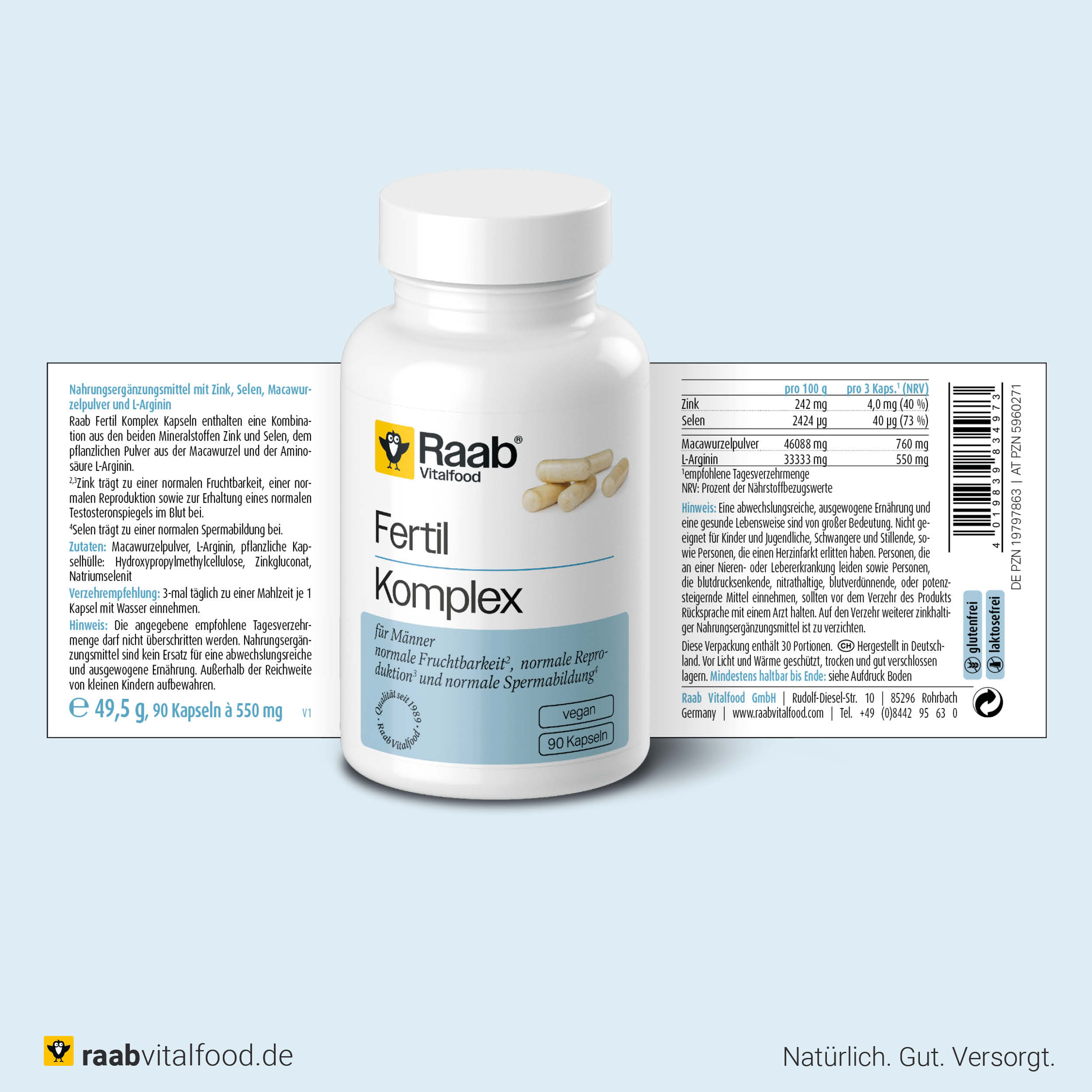 Etikett von Raab Vitalfood Fertil Komplex mit Inhaltsstoffen wie Maca, Zink, Selen und L-Arginin sowie Dosierempfehlung und Nährwerttabelle.
