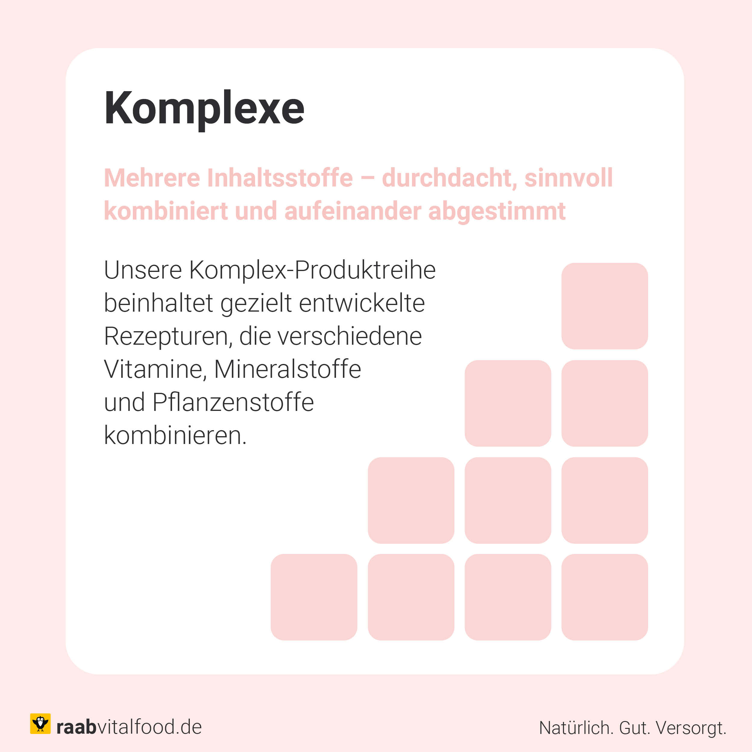 Grafik zur Raab Komplex-Reihe mit Informationen über die Kombination von Vitaminen, Mineralstoffen und Pflanzenstoffen in durchdachten Rezepturen.