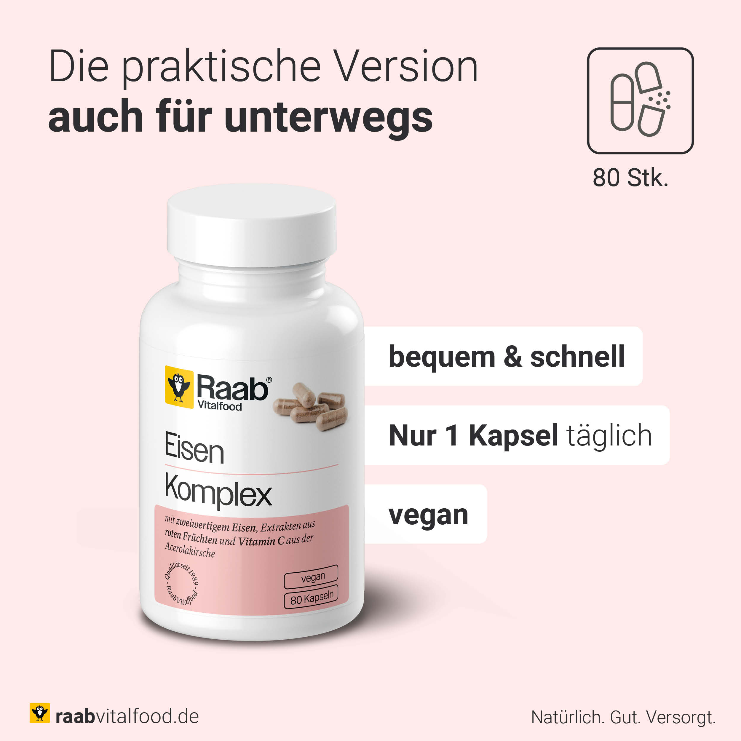 Dose Raab Eisen Komplex mit Einnahmeempfehlung: nur 1 vegane Kapsel täglich, ideal für unterwegs, 80 Stück pro Dose.
