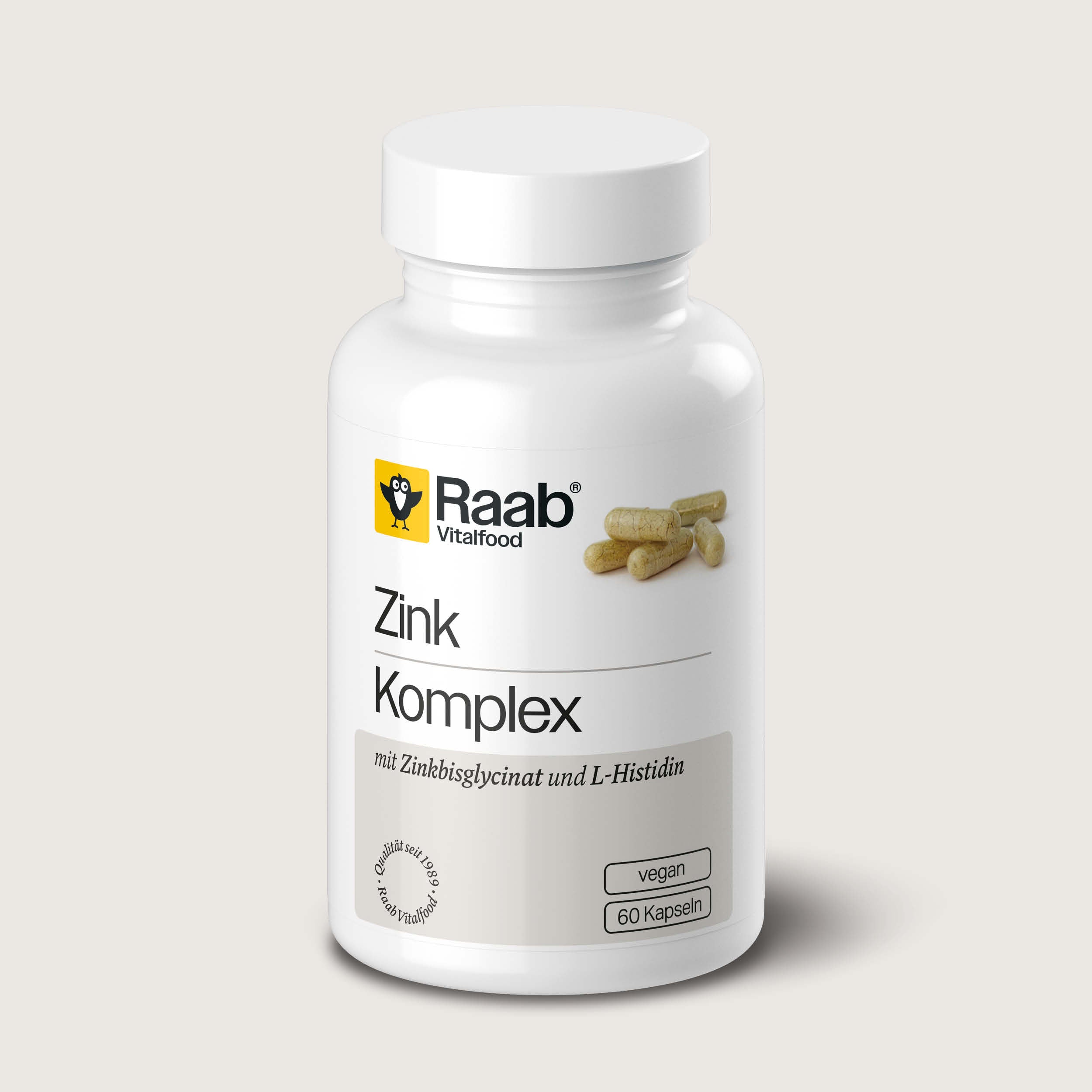 Dose Raab Vitalfood Zink Komplex mit 60 veganen Kapseln, mit Zinkbisglycinat und L-Histidin.
