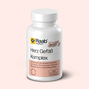 Dose Raab Vitalfood Herz Gefäß Komplex mit 100 veganen Kapseln, mit Vitamin C, Thiamin, Kalium, L-Arginin und pflanzlichen Extrakten.