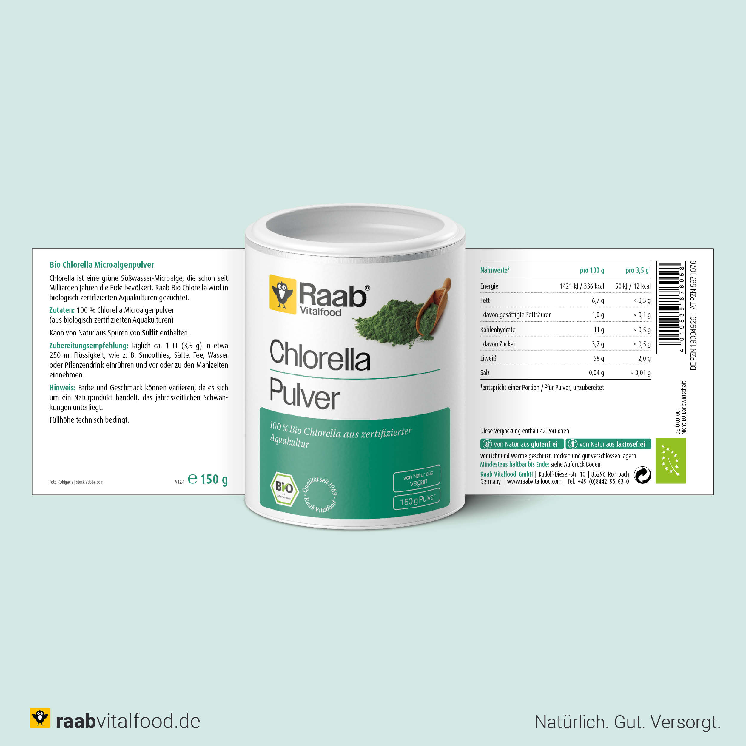 Bio Chlorella Pulver - Mikroalgenpulver vegan und glutenfrei von Raab Vitalfood