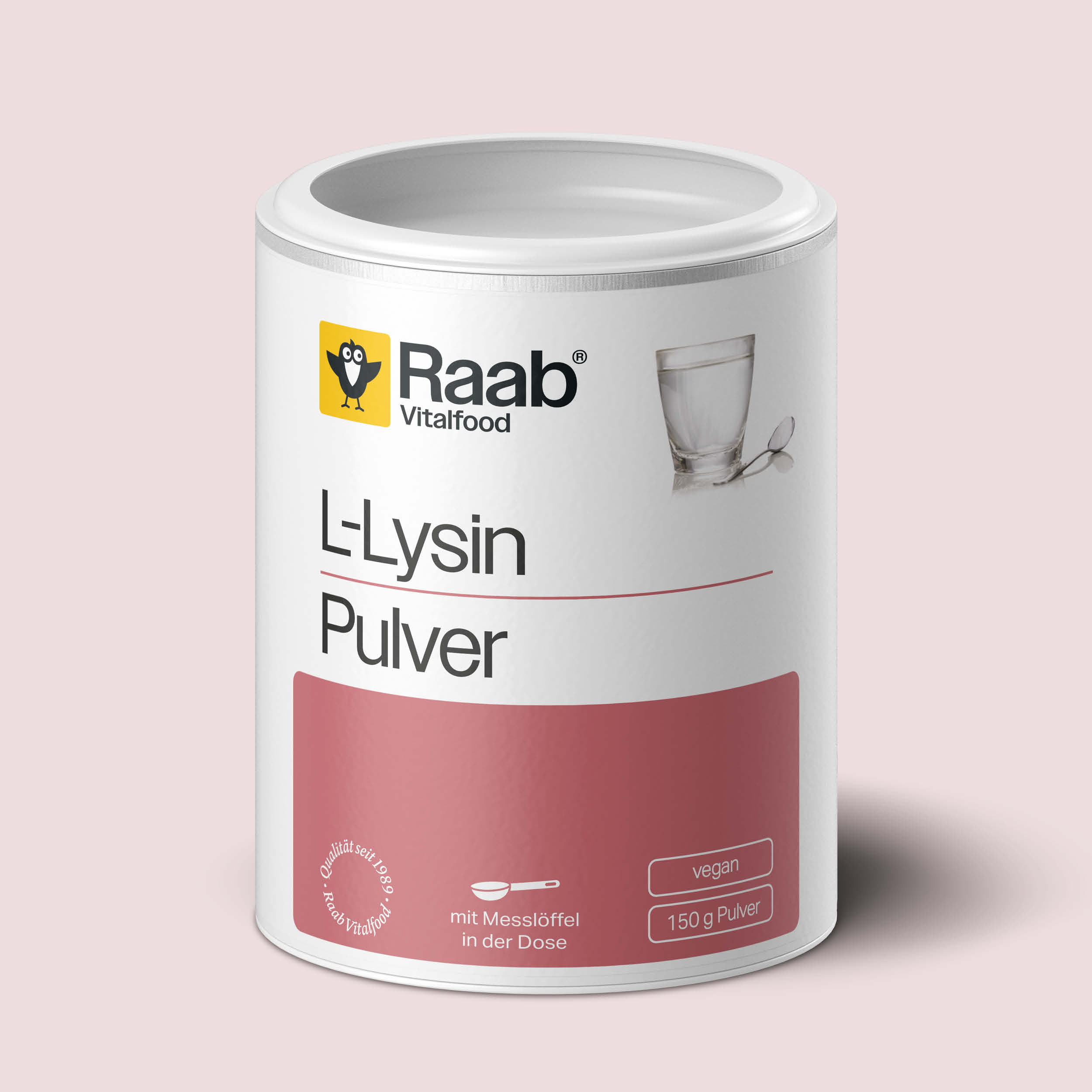 Dose Raab Vitalfood L-Lysin Pulver, 150 g, veganes Nahrungsergänzungsmittel mit Messlöffel, leicht löslich in Wasser, hochwertige Aminosäure.