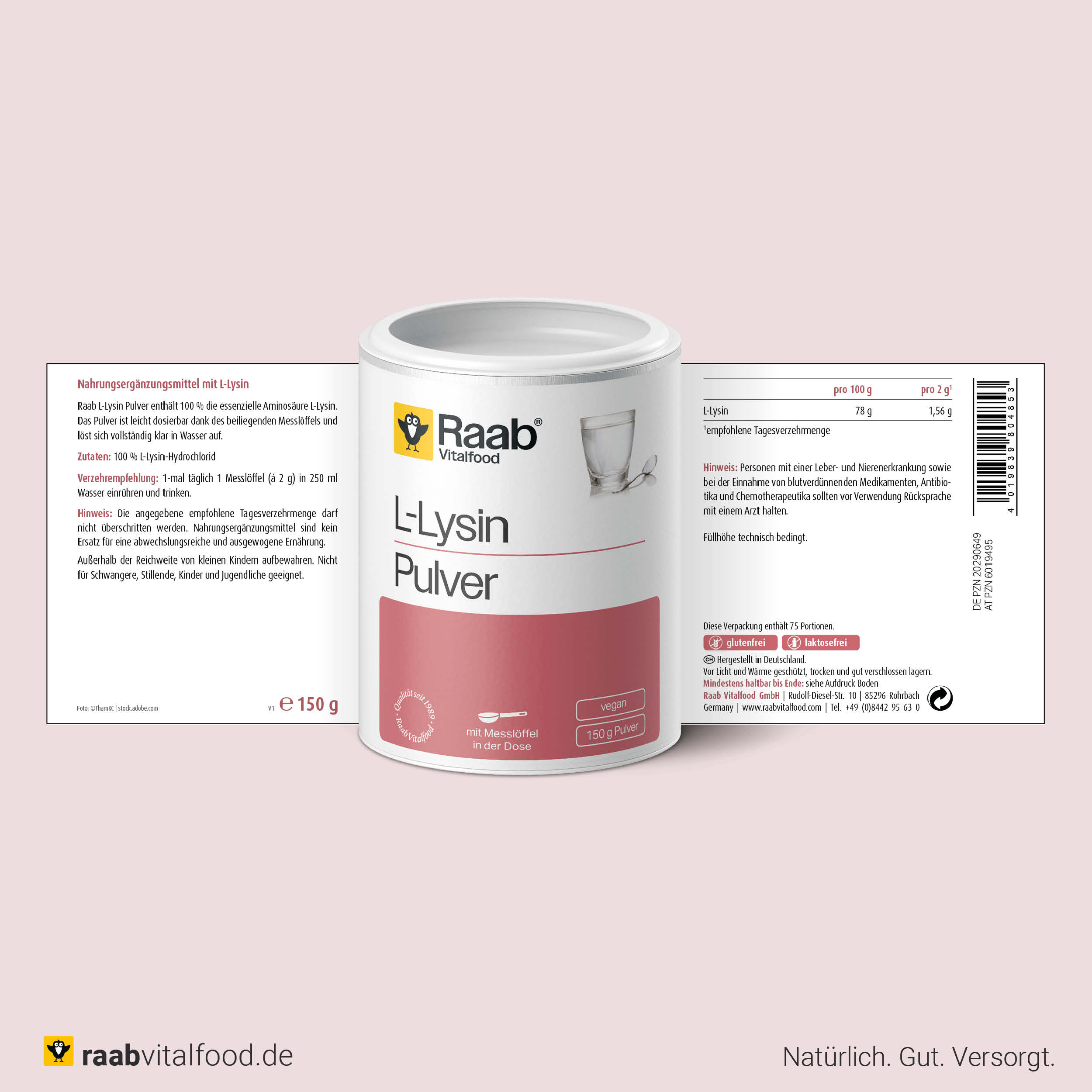 Vorder- und Rückseite der Verpackung von Raab Vitalfood L-Lysin Pulver mit Zutatenliste, Verzehrempfehlung und Nährwertangaben, 150 g vegan.