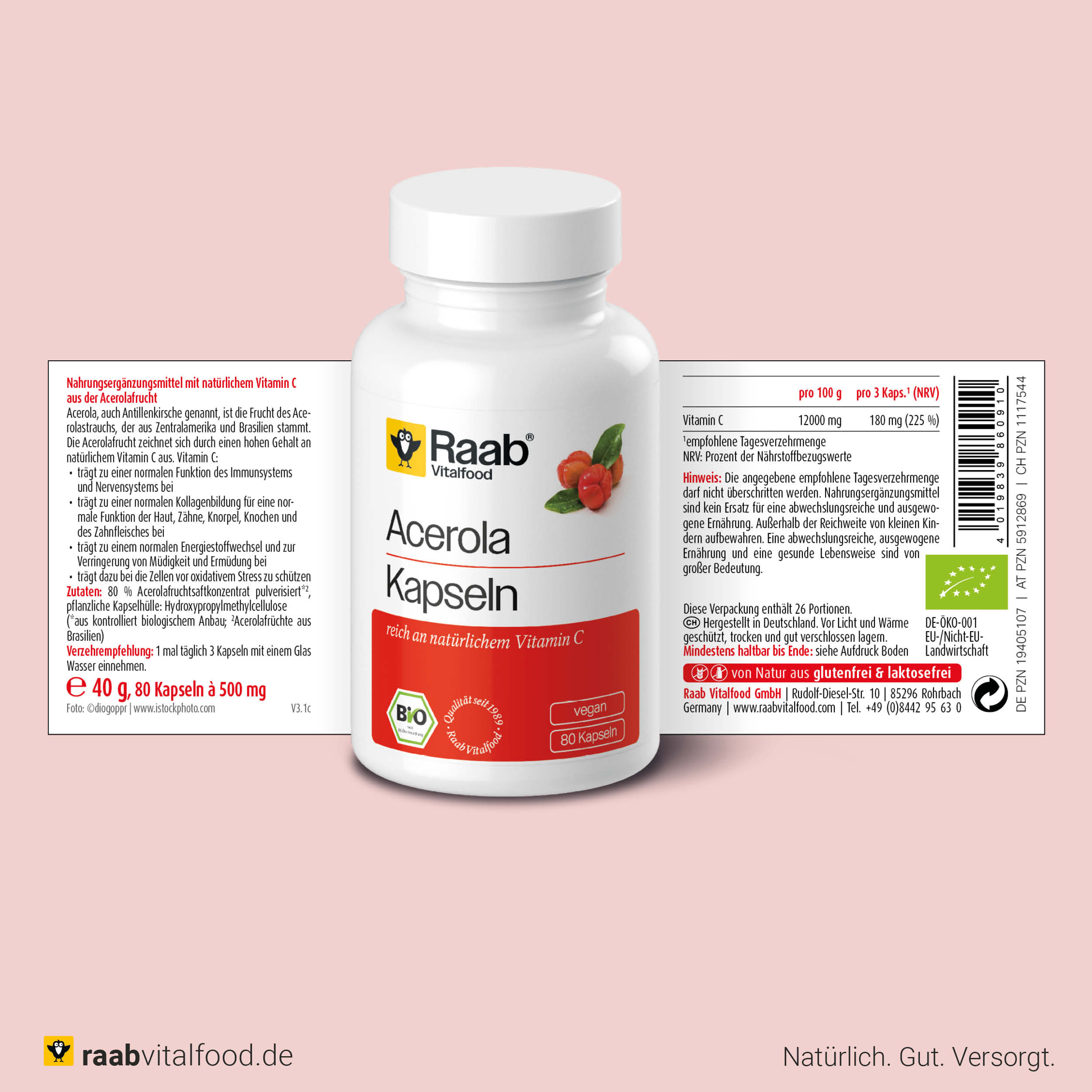 Vorder- und Rückseite der Verpackung Raab Bio Acerola Kapseln mit Zutatenliste, Nährwerten und Einnahmeempfehlung, 80 vegane Kapseln
