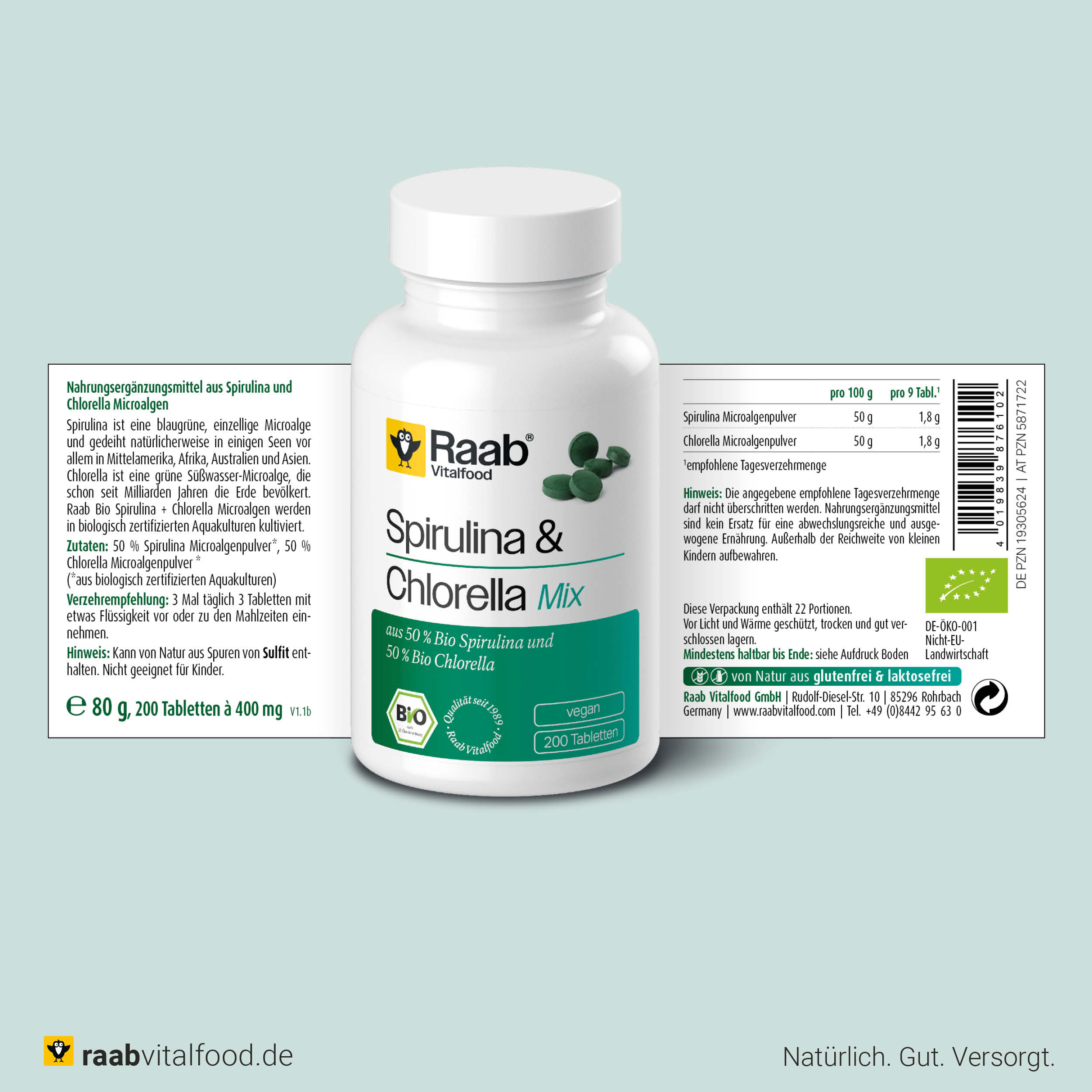 Bio Spirulina + Chlorella Mix Tabletten - Mikroalgenmischung im Verhältnis 50:50, vegan von Raab Vitalfood
