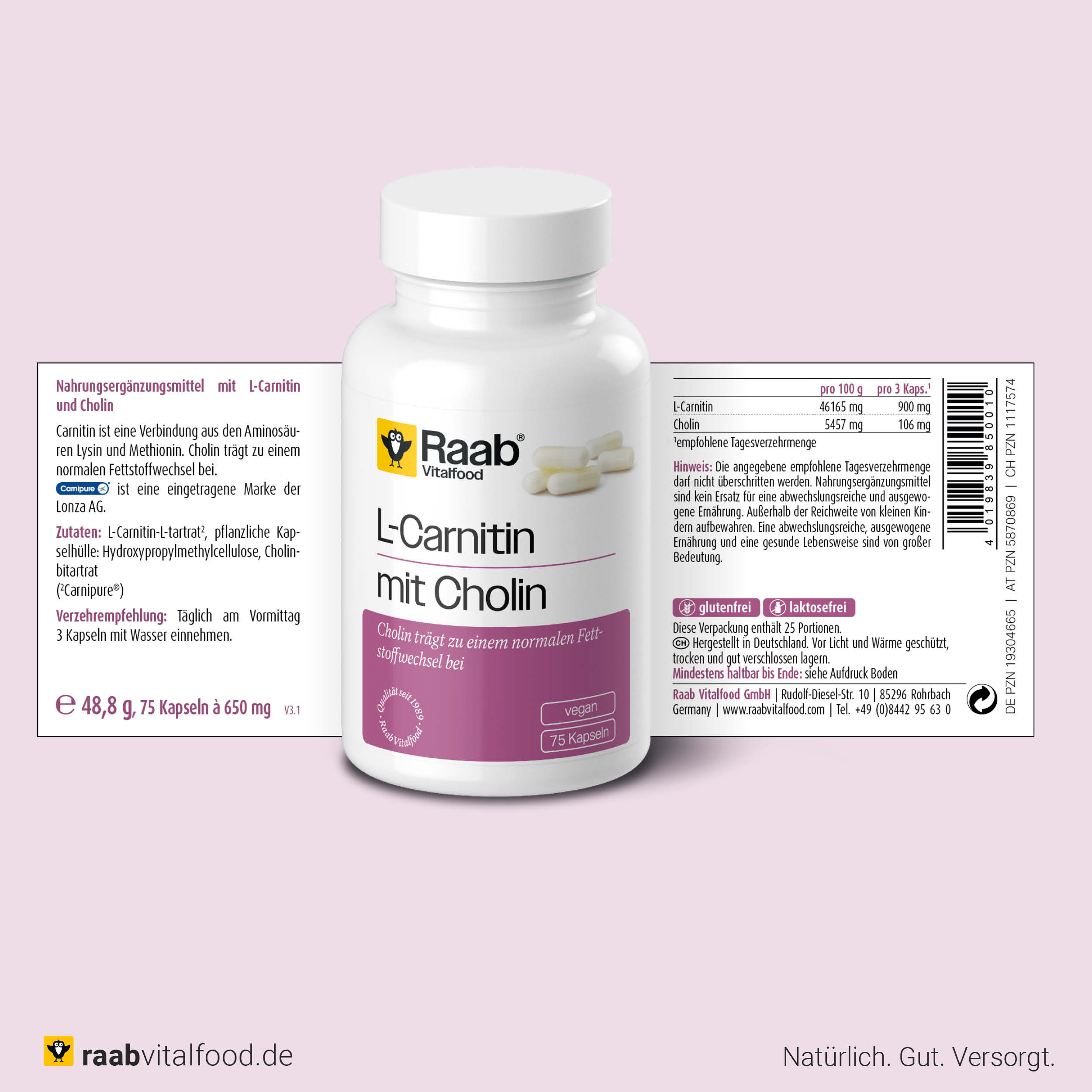 L-Carnitin mit Cholin Kapseln - Premium L-Carnitin-L-tartrat Carnipure von Lonza, vegan von Raab Vitalfood