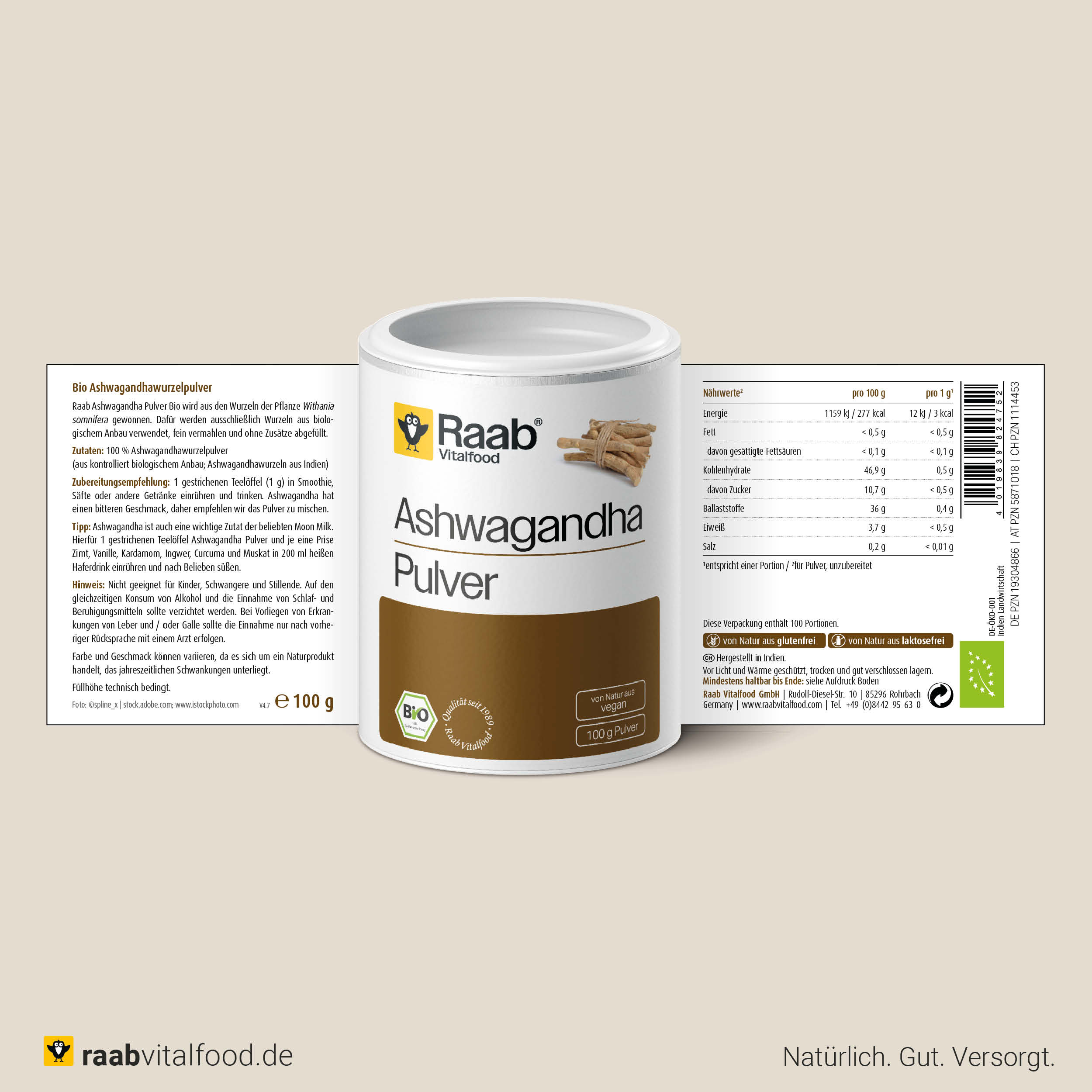 Raab Vitalfood Bio Ashwagandha Pulver - Nahrungsergänzung mit Ashwagandhawurzel in Premium Bio-Qualität