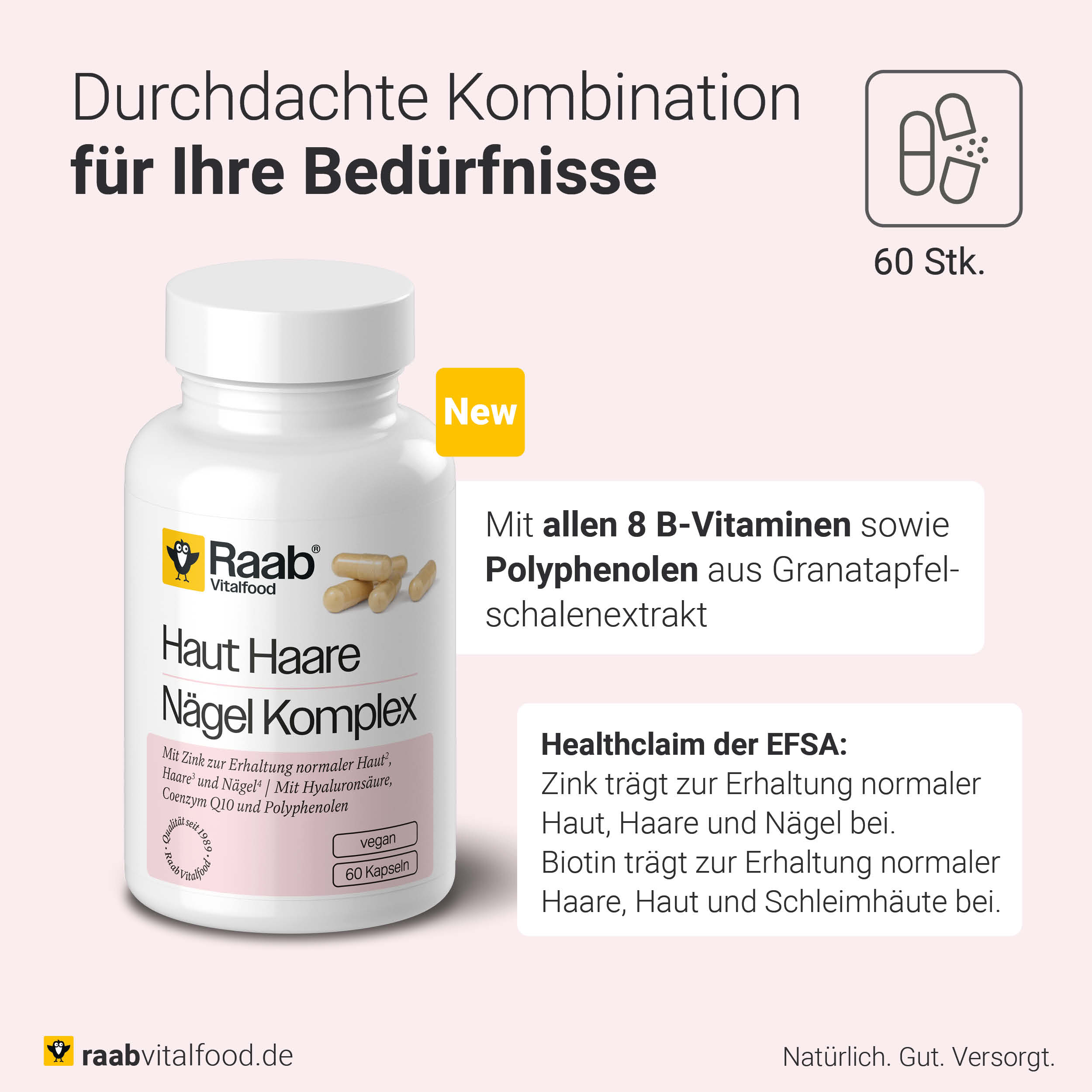 Haut Haar Nägel Komplex Kapseln - Kombination aus Hyaluronsäure, Coenzym Q10, pflanzlichen Polyphenolen, Vitaminen und Mineralstoffen von Raab Vitalfood
