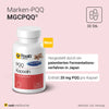 Raab Vitalfood PQQ Kapseln mit Markenrohstoff MGCPQQ®. Hinweis auf die Herstellung durch ein zertifiziertes Fermentationsverfahren in Japan und 20 mg PQQ pro Kapsel.