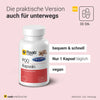 Raab Vitalfood PQQ Kapseln für unterwegs. Hervorgehoben werden die einfache Einnahme mit nur einer Kapsel täglich sowie die vegane Rezeptur.